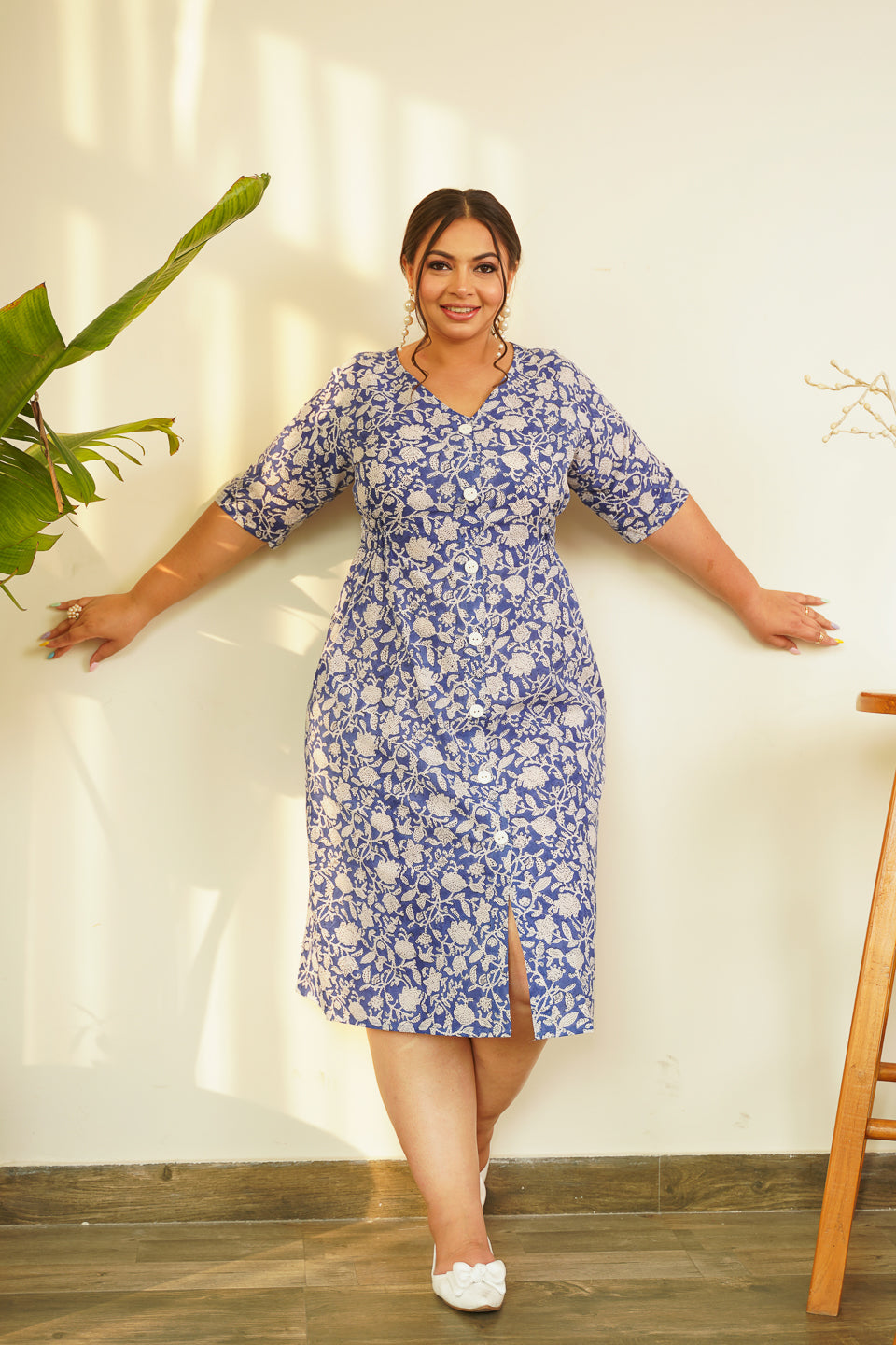 Cotton Blue Floral Printed Button Down Dress Plus Size