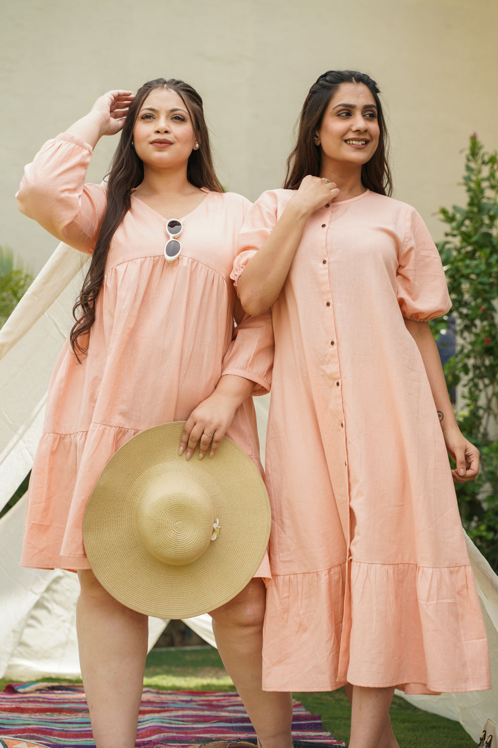 Peach Tier Linen Short V-Neck Dress