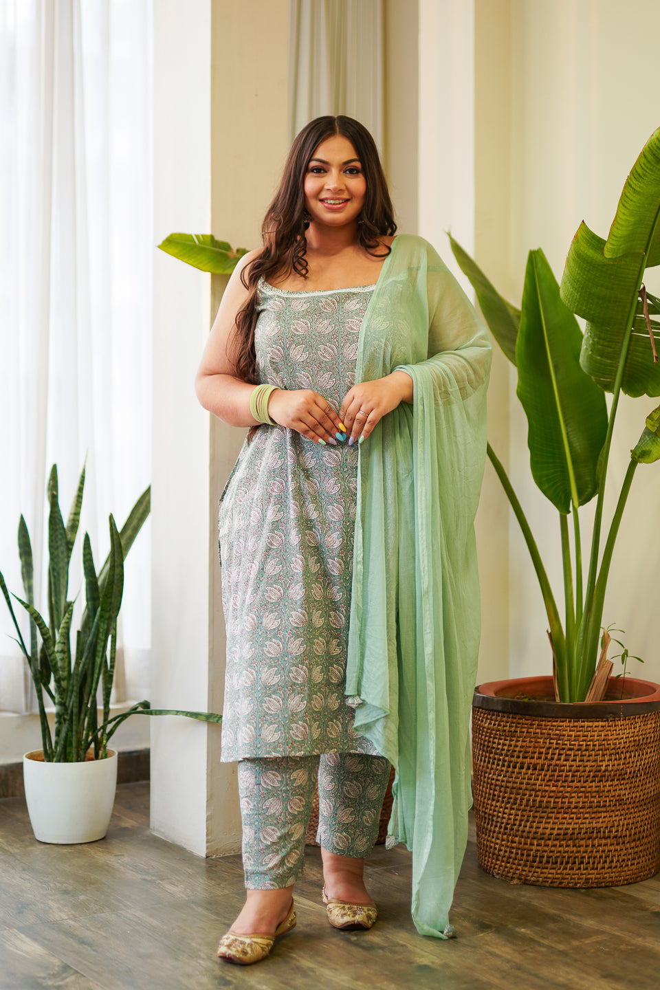 Mint Green Floral Strap Cotton Kurta Suit Set - (Set of 3)