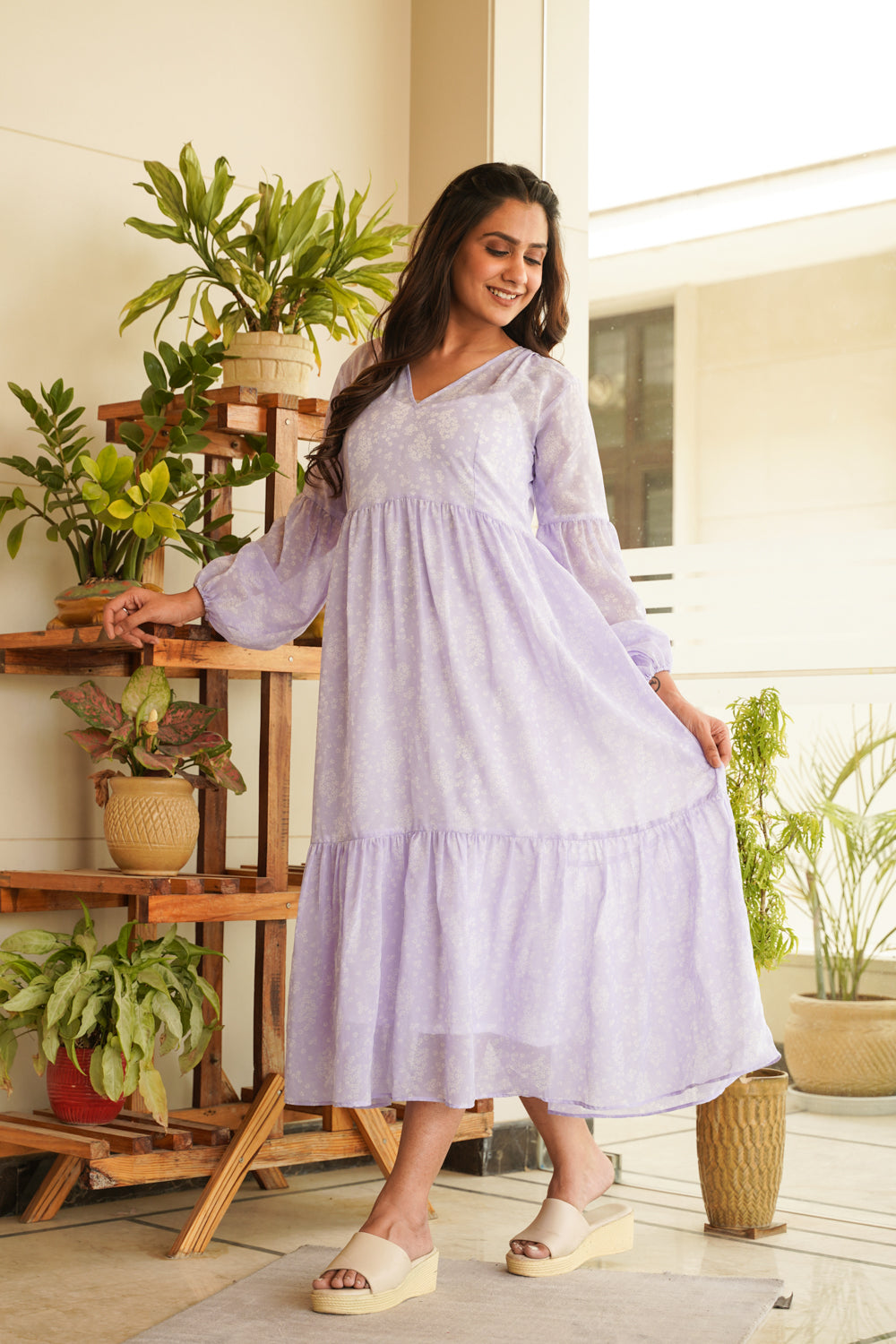 Lilac Georgette Tiered Midi Dress- Regular Size