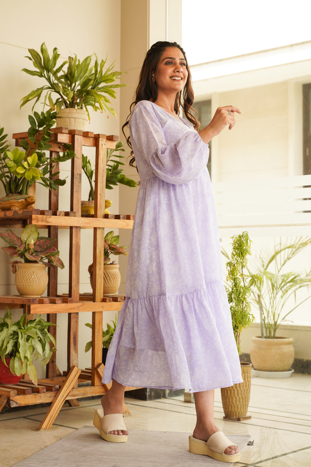 Lilac Georgette Tiered Midi Dress- Regular Size