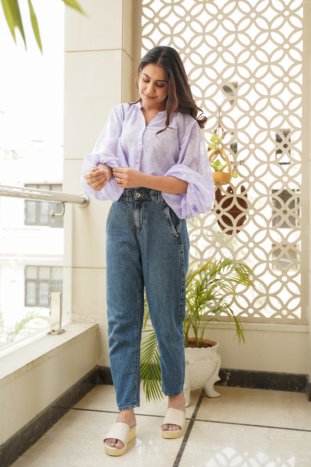 Lilac Georgette Puff Sleeves Shirt