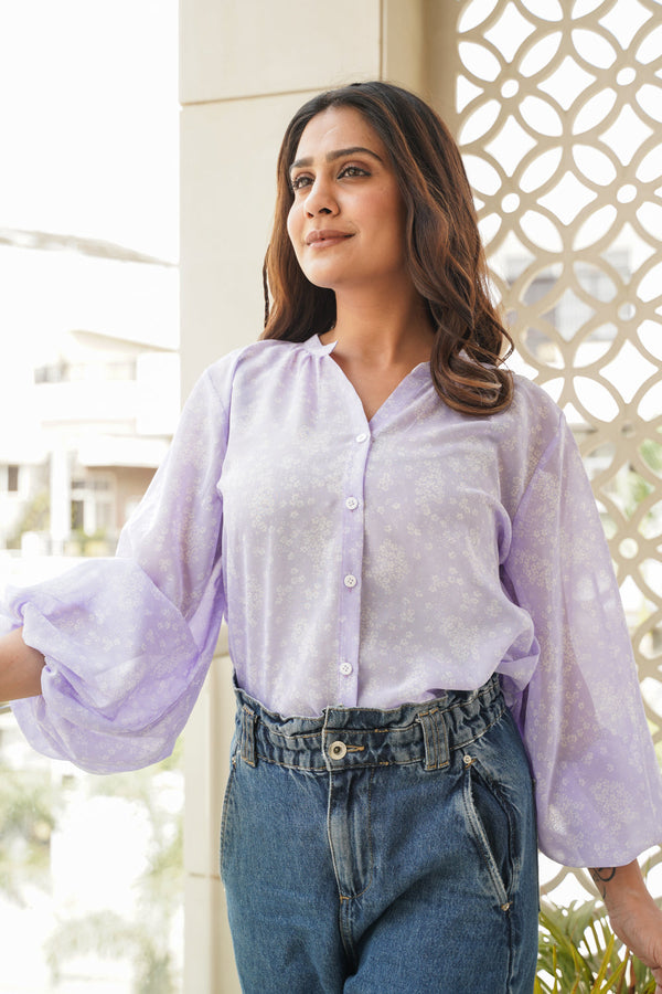 Lilac Georgette Puff Sleeves Shirt