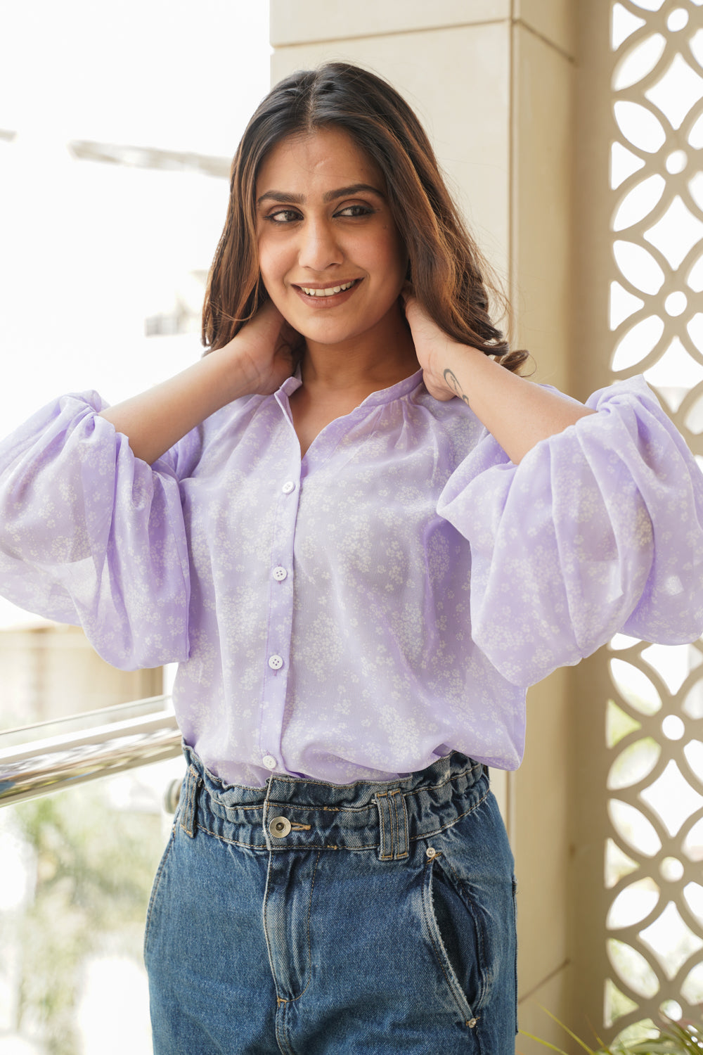 Lilac Georgette Puff Sleeves Shirt