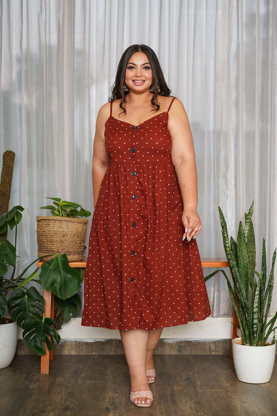 Maroon Polka Button-Down Dress