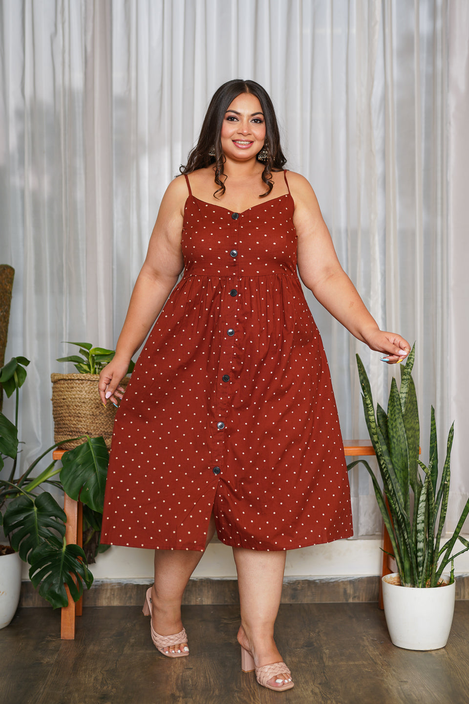 Maroon Polka Button-Down Dress