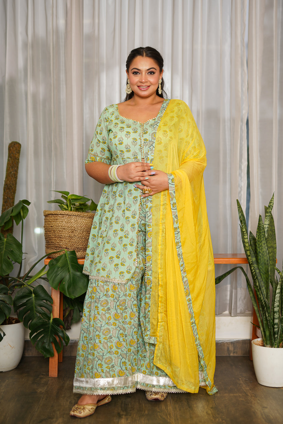 Mint Yellow Gotta Lace Sharara Set - (Set of 3)