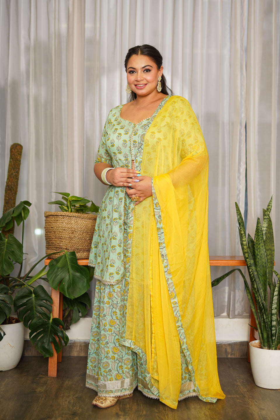 Mint Yellow Gotta Lace Sharara Set - (Set of 3)