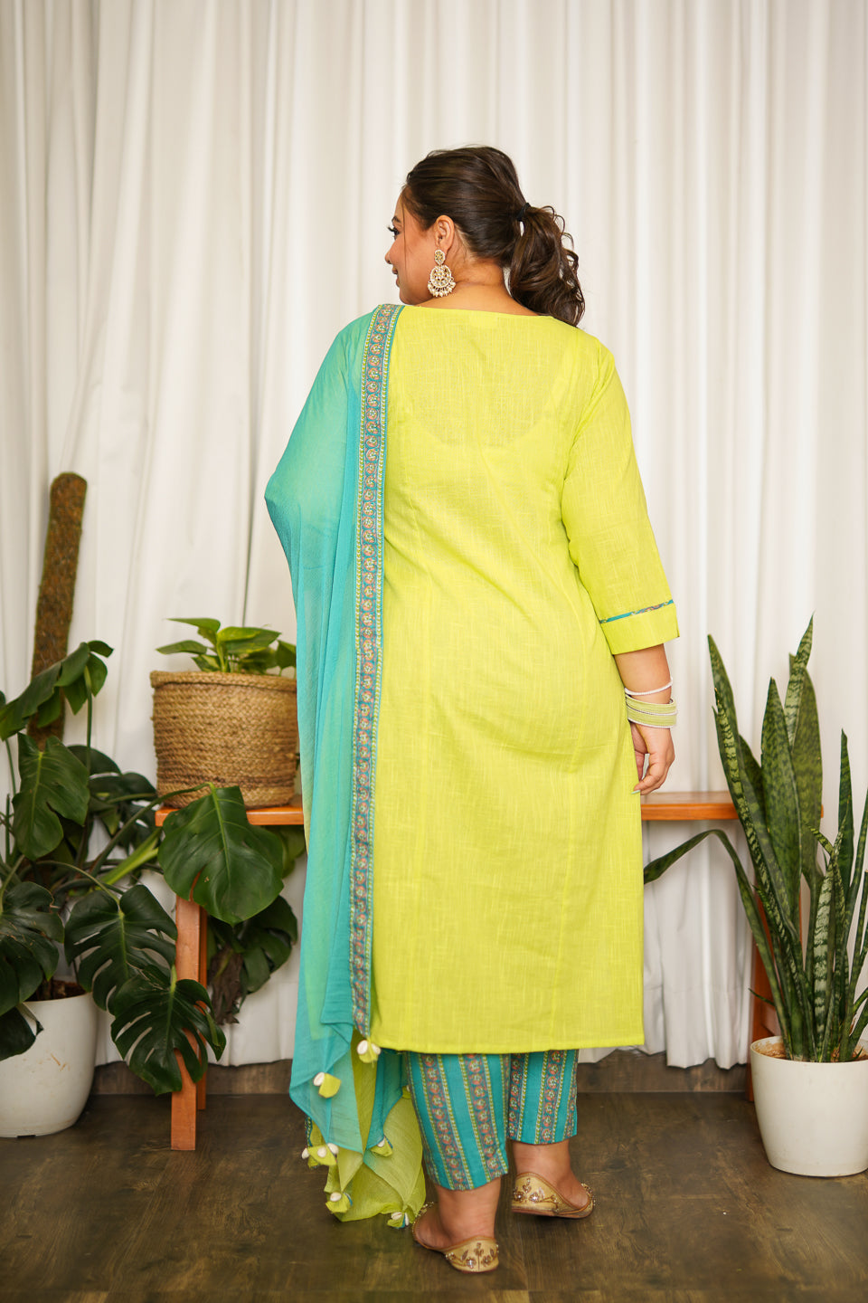 Lime Green Straight Cotton Slub Kurta Suit Set - (Set of 3)