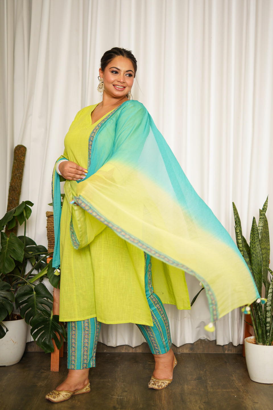 Lime Green Straight Cotton Slub Kurta Suit Set - (Set of 3)