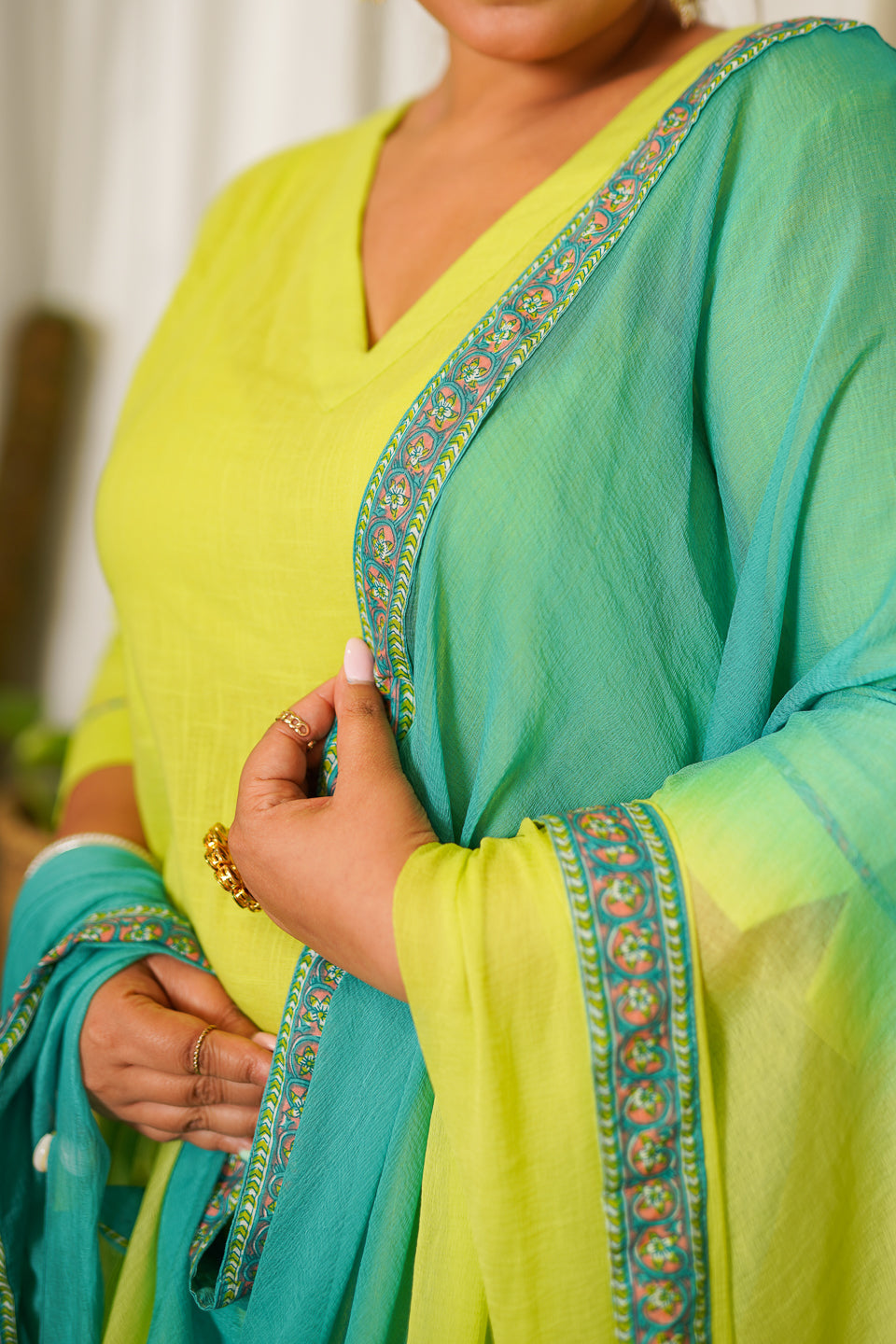 Lime Green Straight Cotton Slub Kurta Suit Set - (Set of 3)