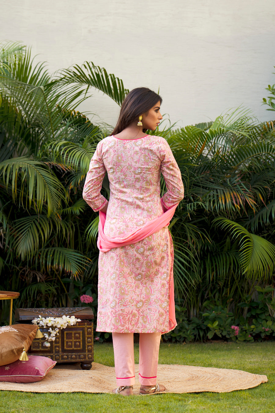 Peach Floral Kurta Dupatta Set - (Set of 3)