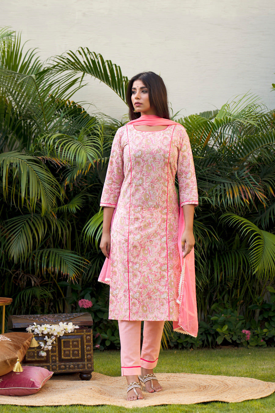 Peach Floral Kurta Dupatta Set - (Set of 3)