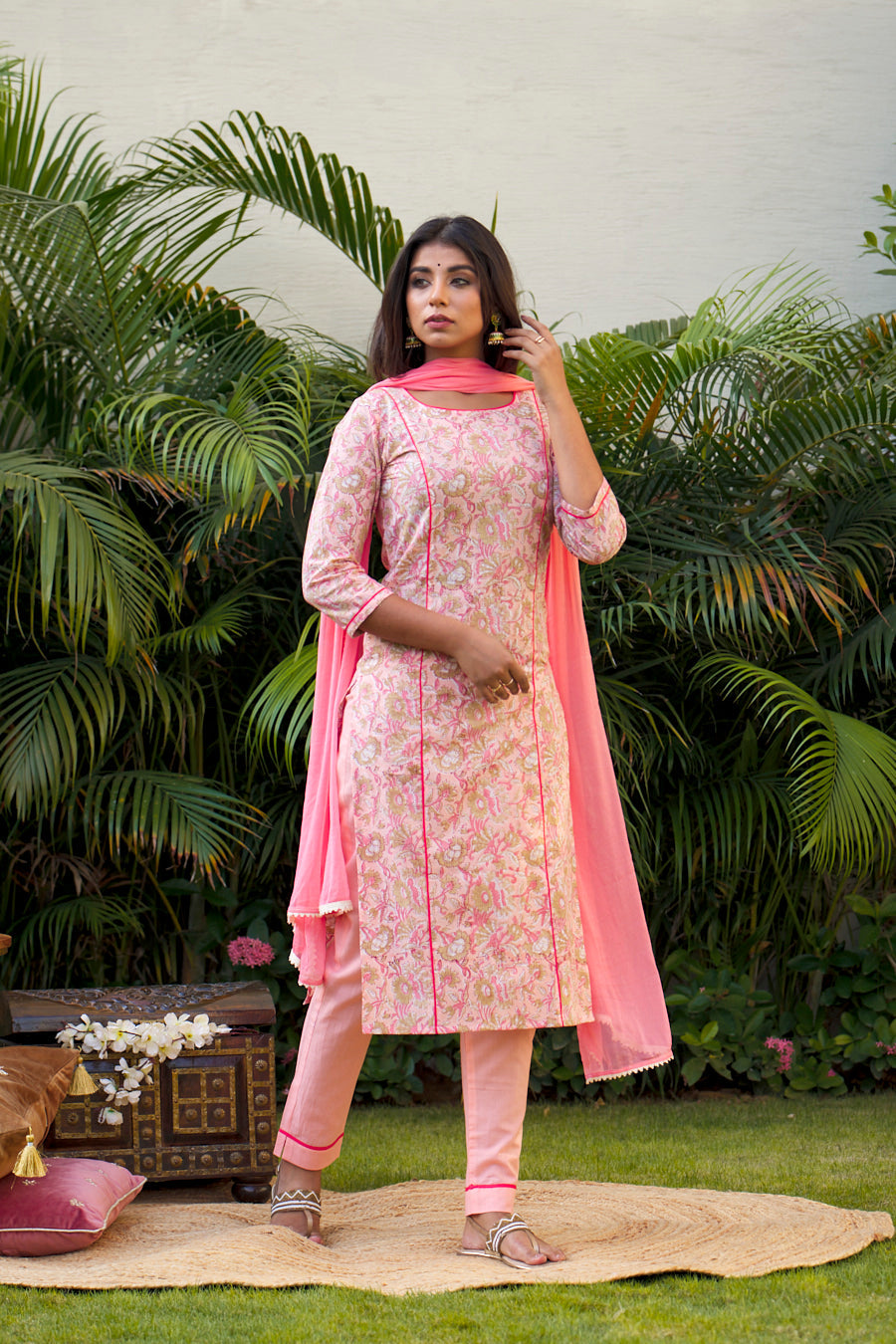 Peach Floral Kurta Dupatta Set - (Set of 3)