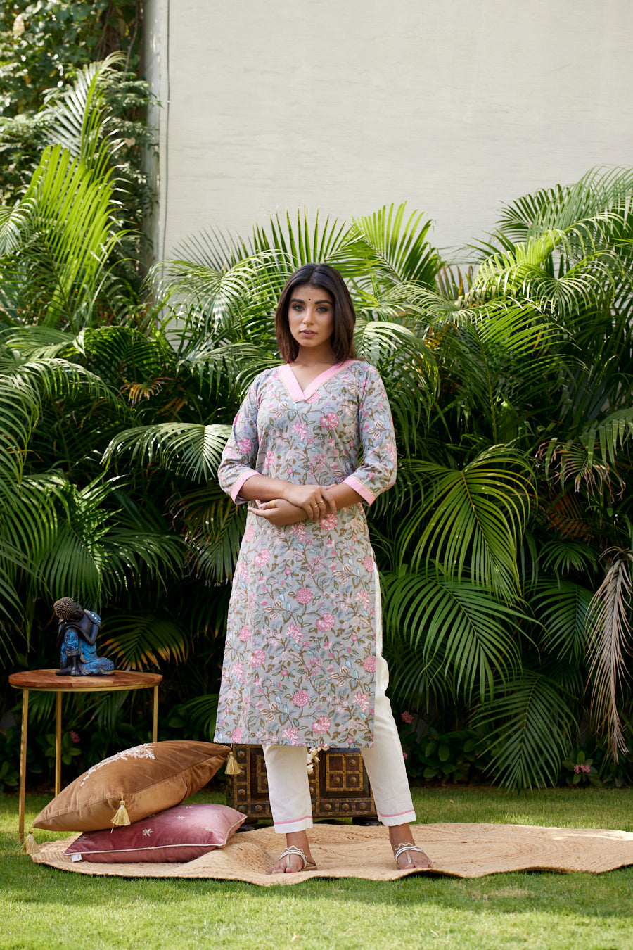 Pink Grey Floral V- Neck Cotton Kurta Pant Set - (Set of 2)