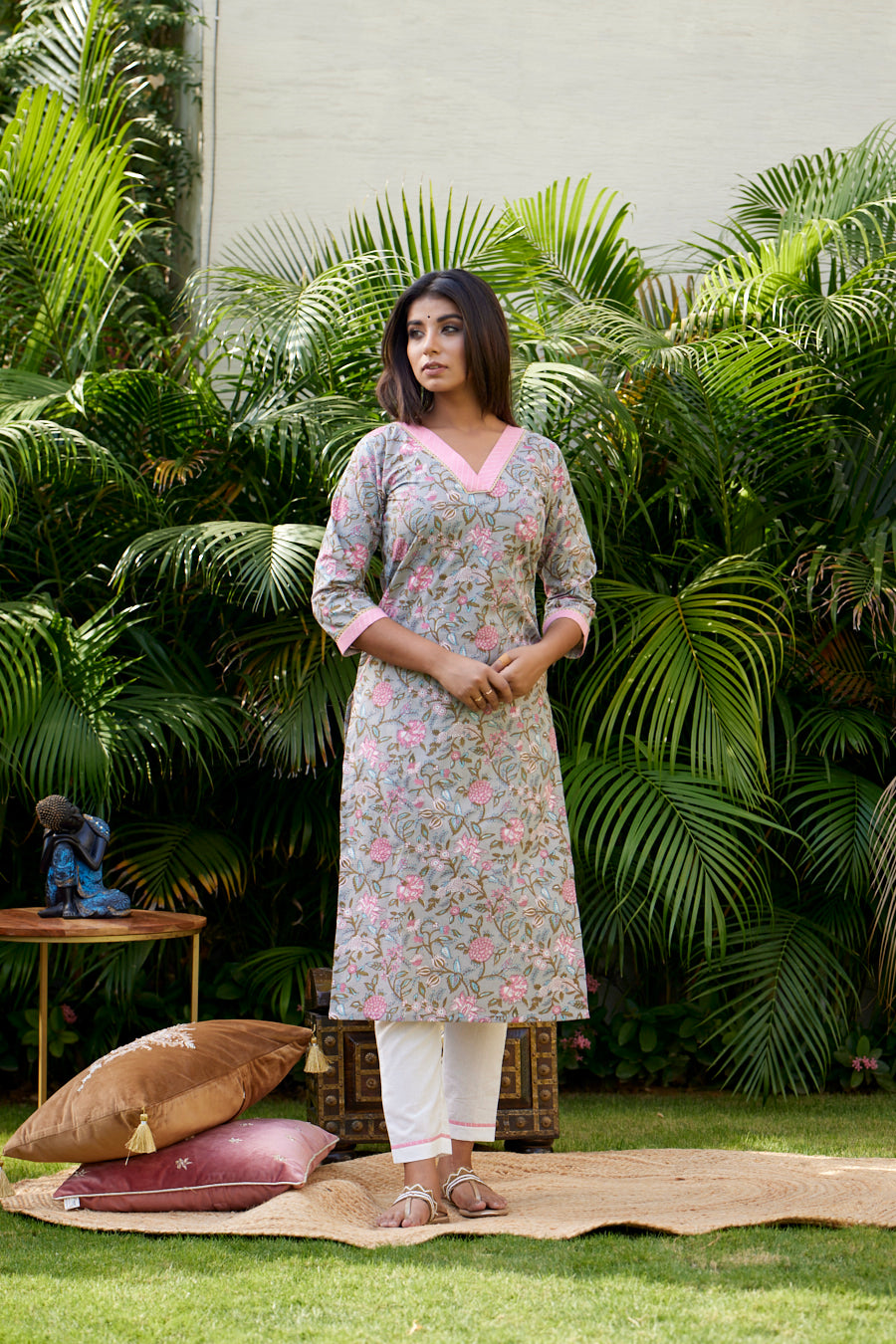 Pink Grey Floral V- Neck Cotton Kurta Pant Set - (Set of 2)