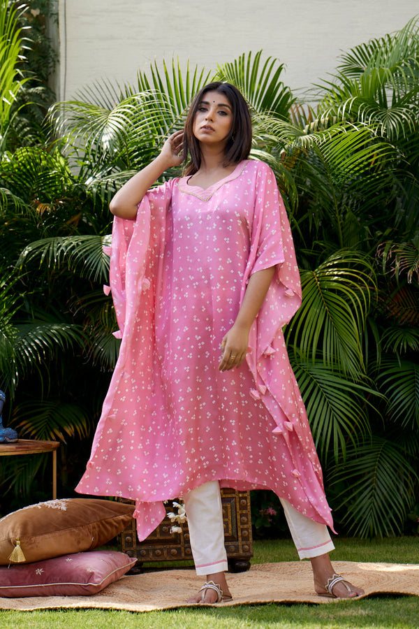 Pink Bandhani Printed Cotton Kaftan Dress