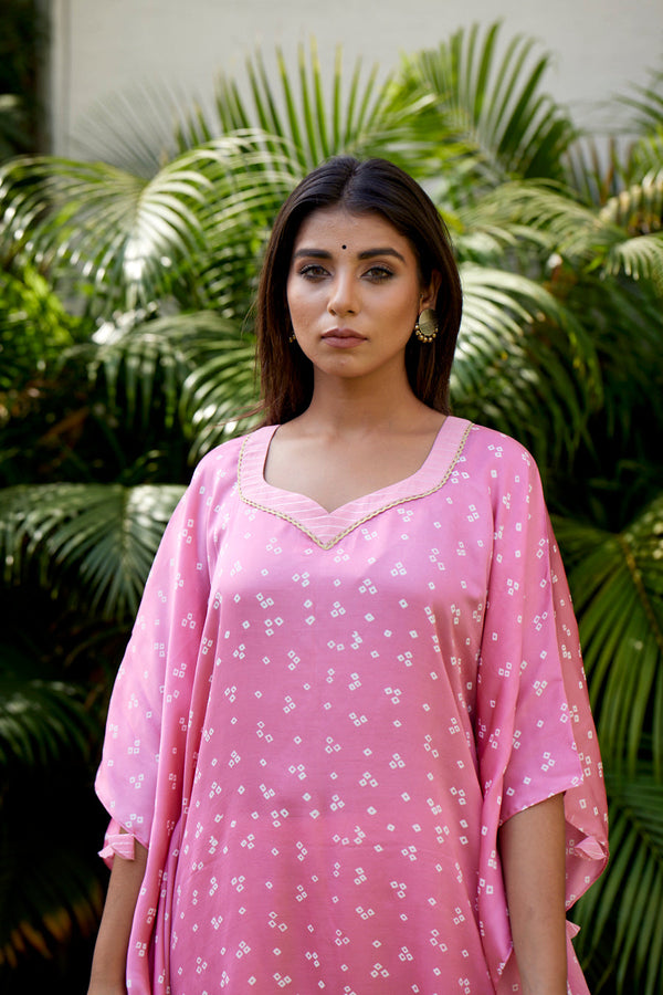 Pink Bandhani Printed Cotton Kaftan Dress
