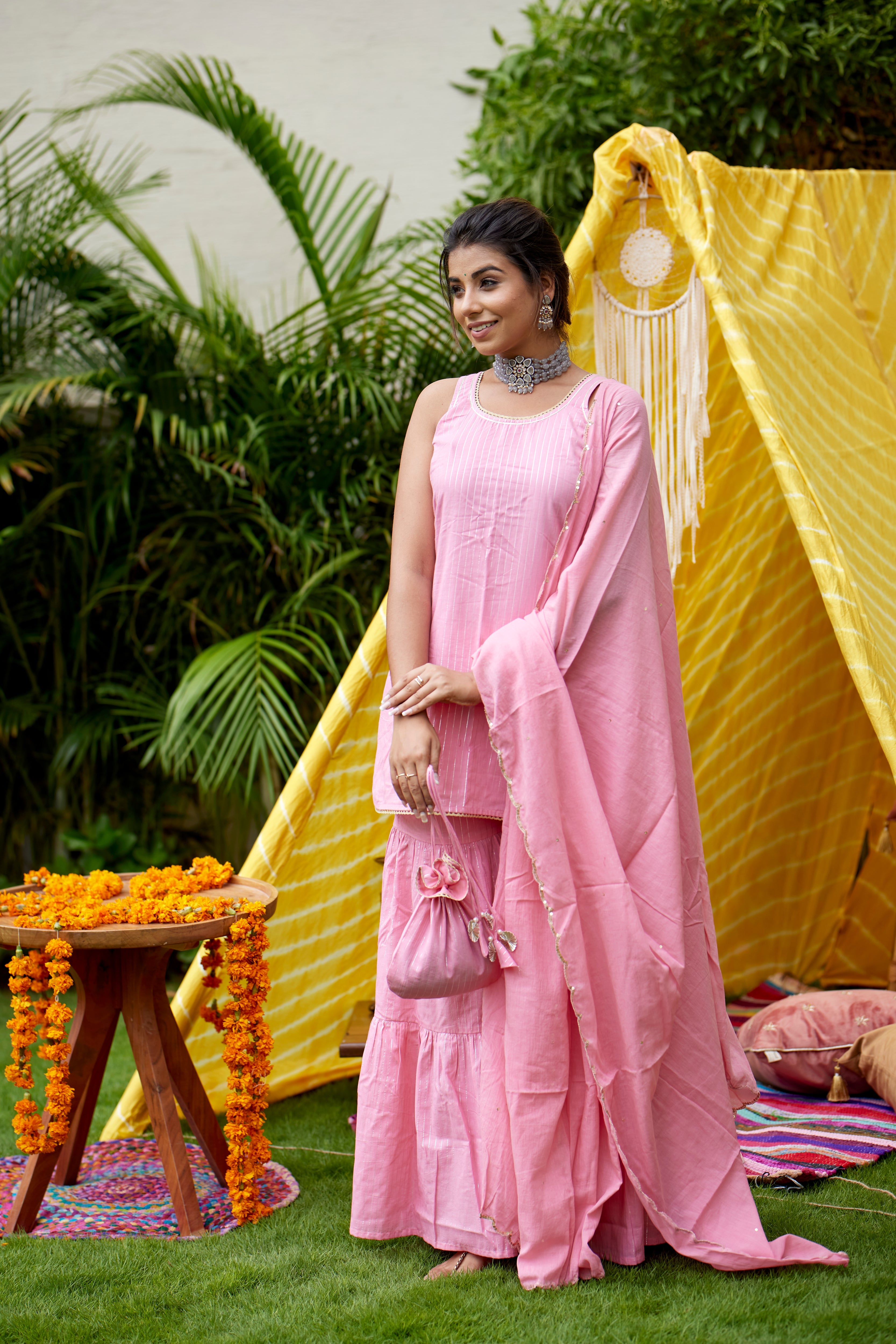 Pink Zari Short Kurta Garara - (Set of 3)