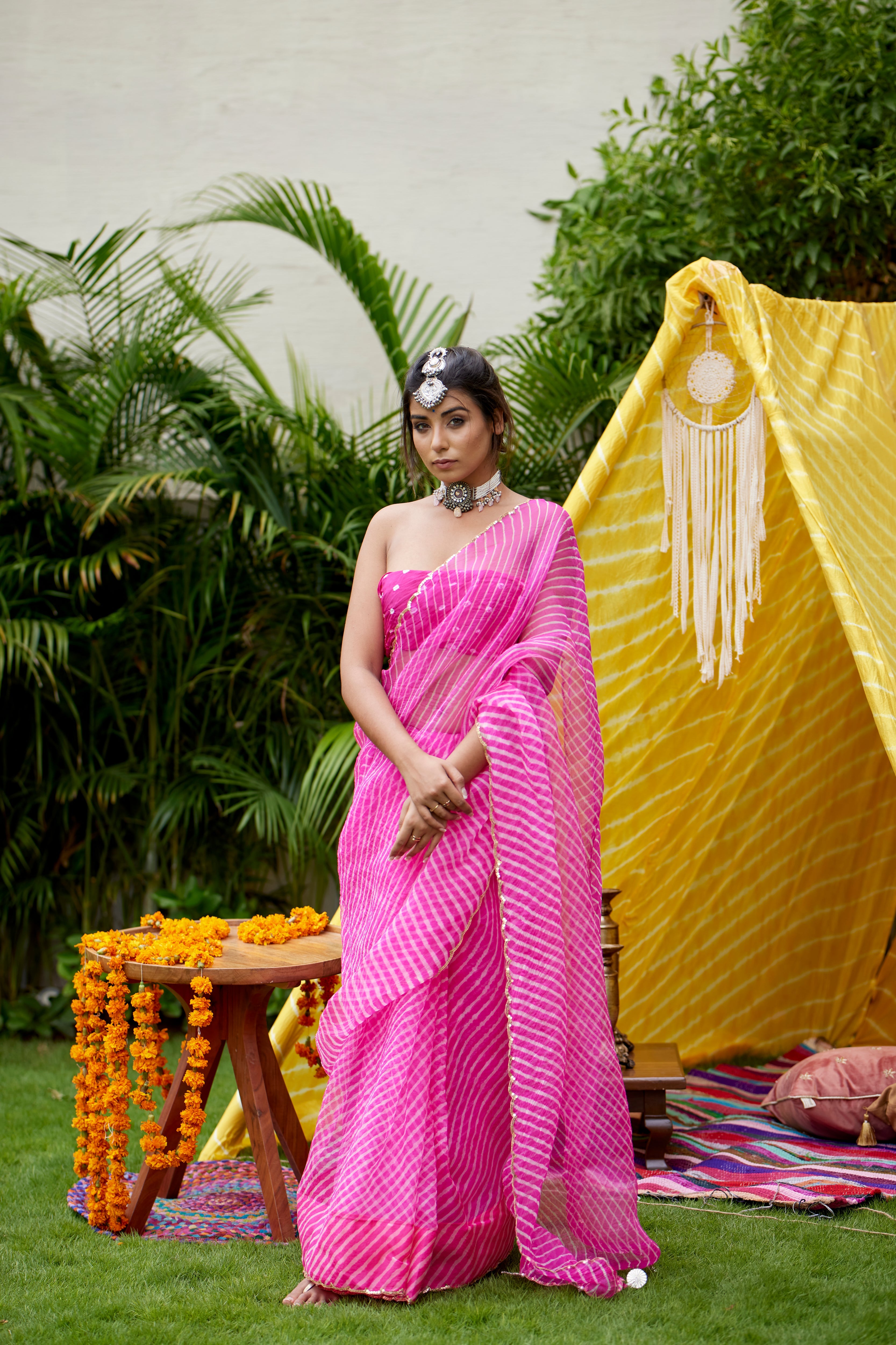 Hot Pink Organza Leheriya Saree