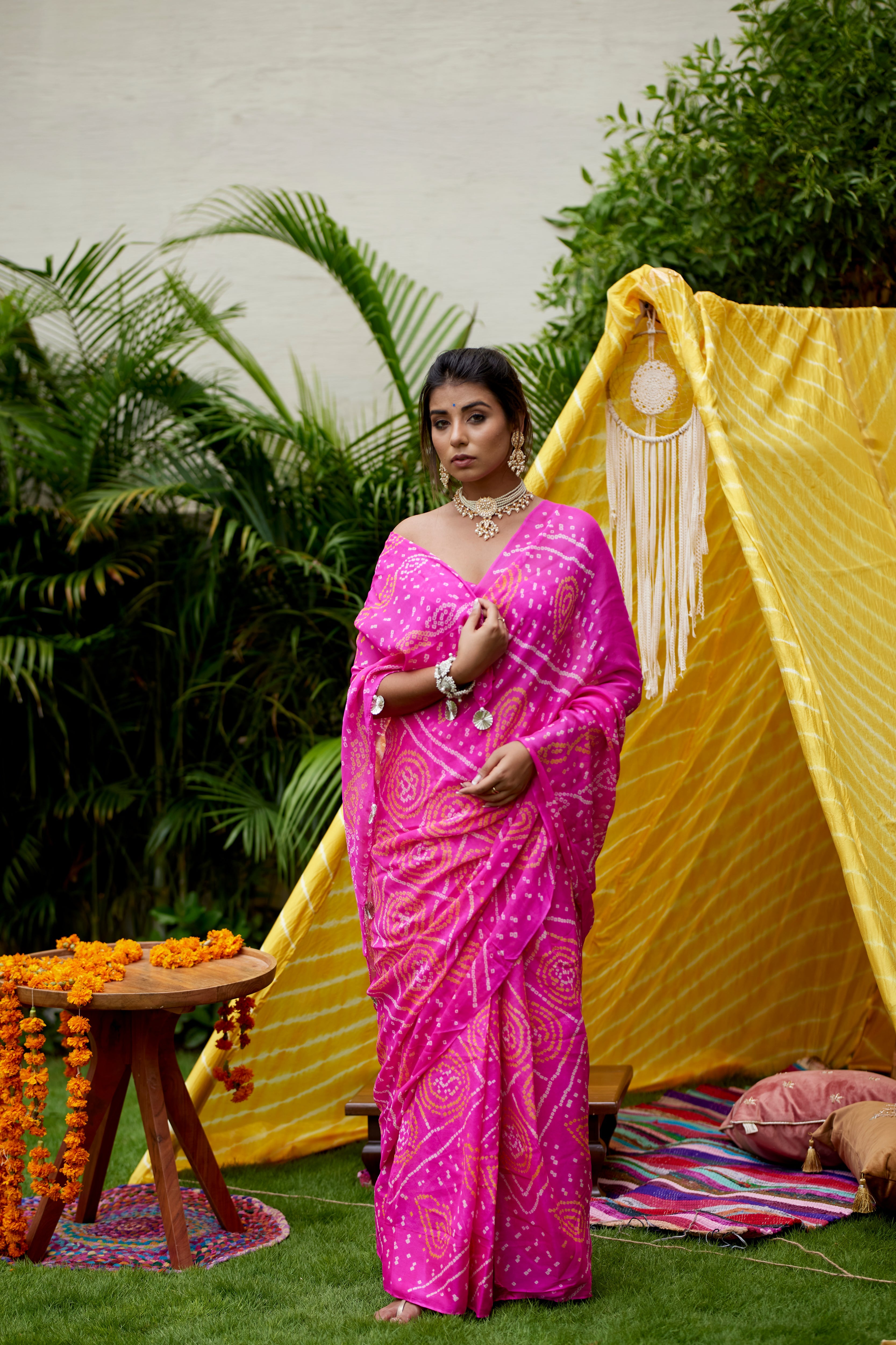 Hot Pink Bhandhani Saree