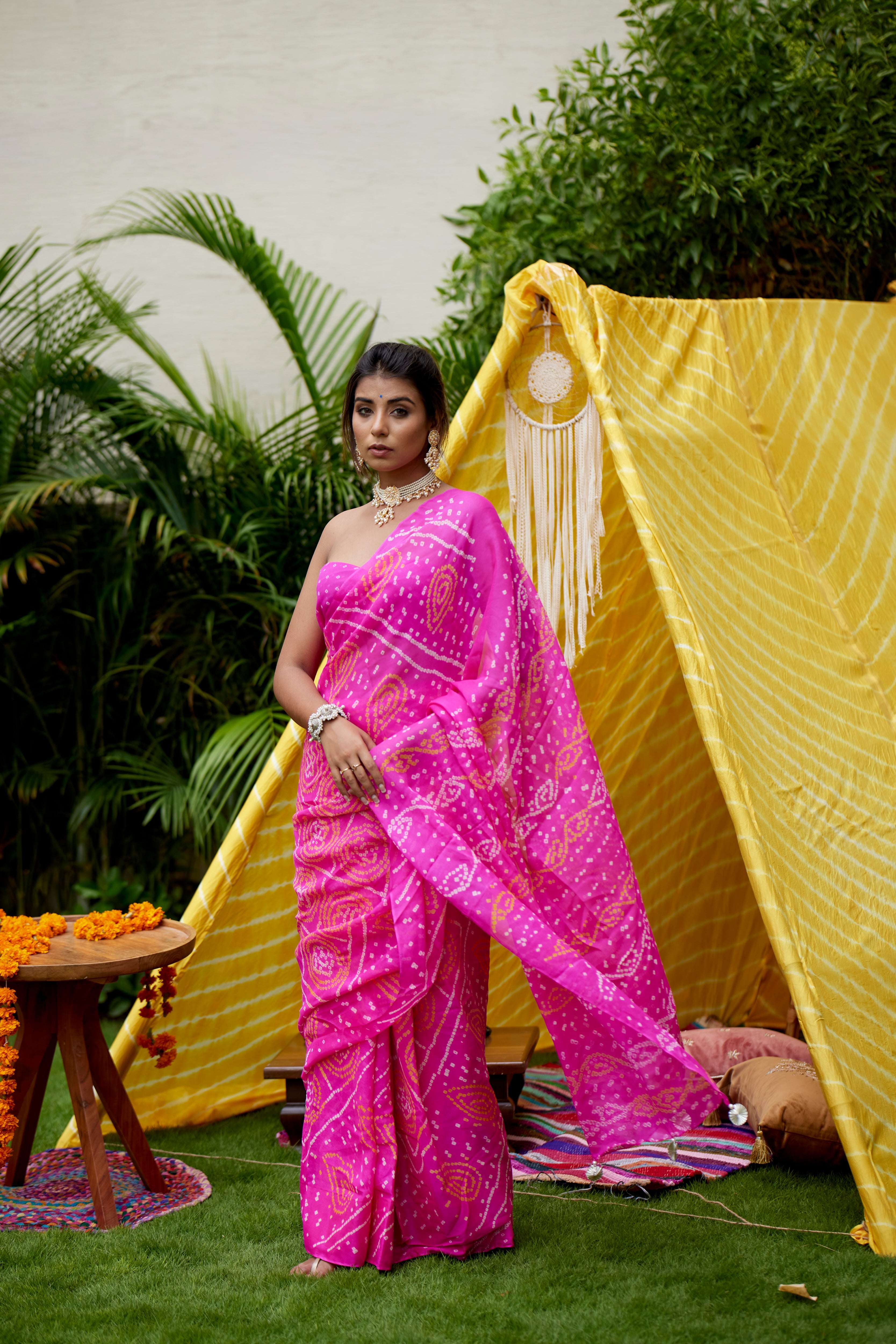 Hot Pink Bhandhani Saree