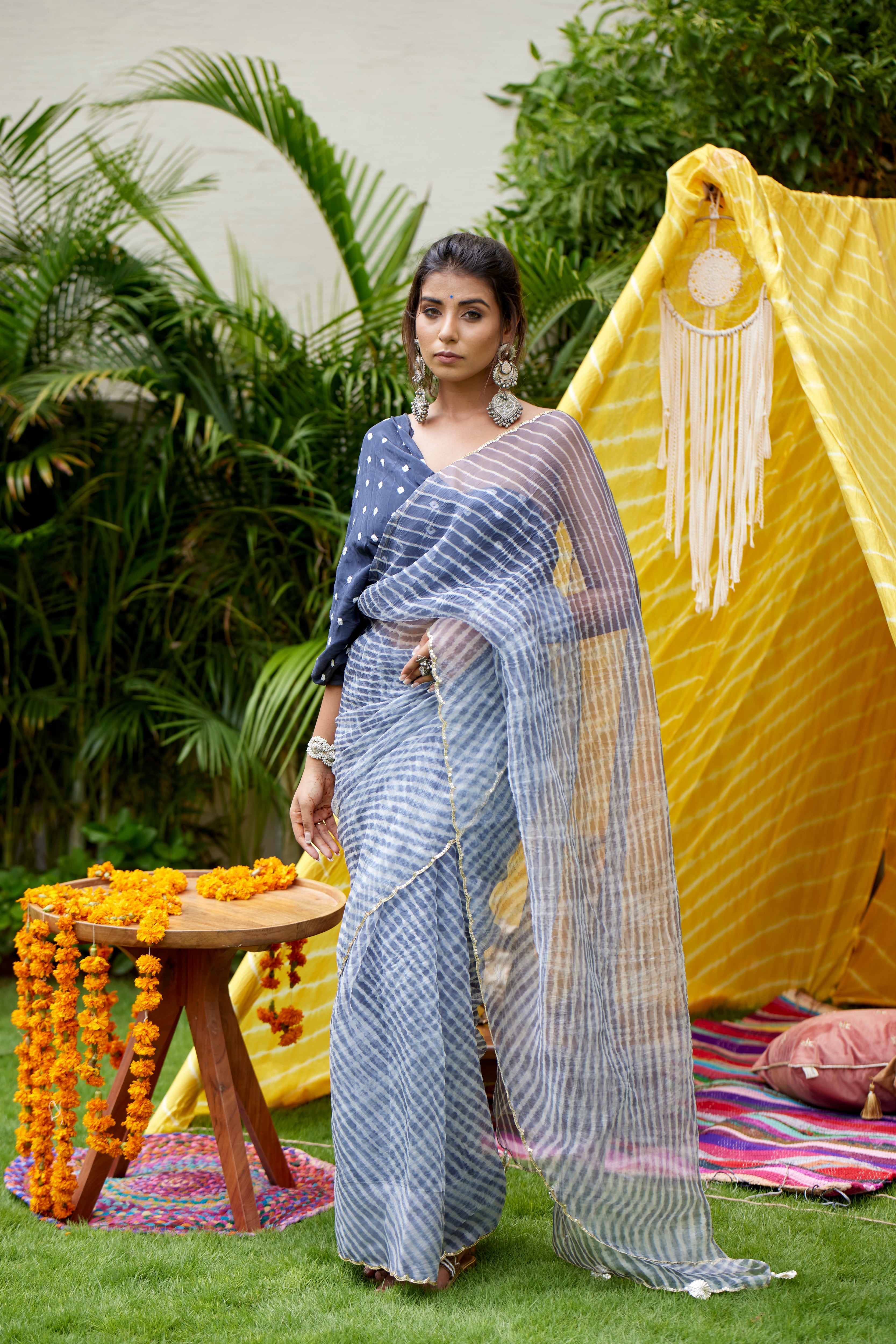 Grey Organza Leheriya Saree