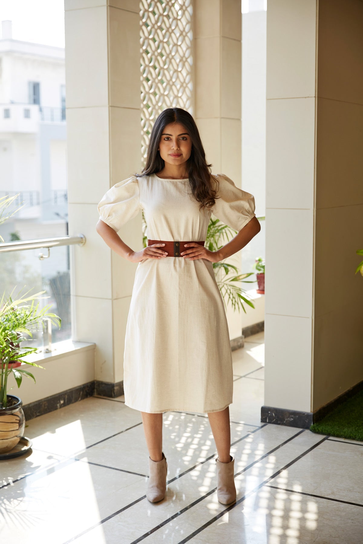Ivory Puff Sleeve Linen Midi