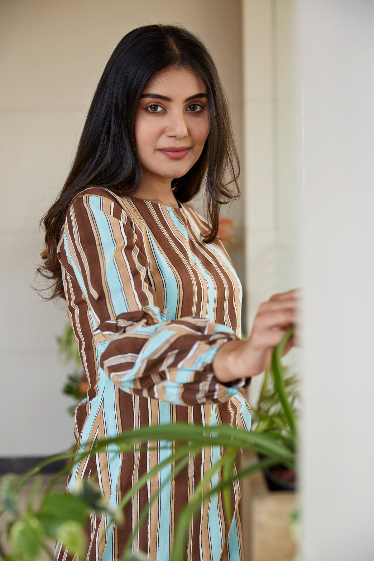 Multi Striped Short Hand block Printed Dress | NR