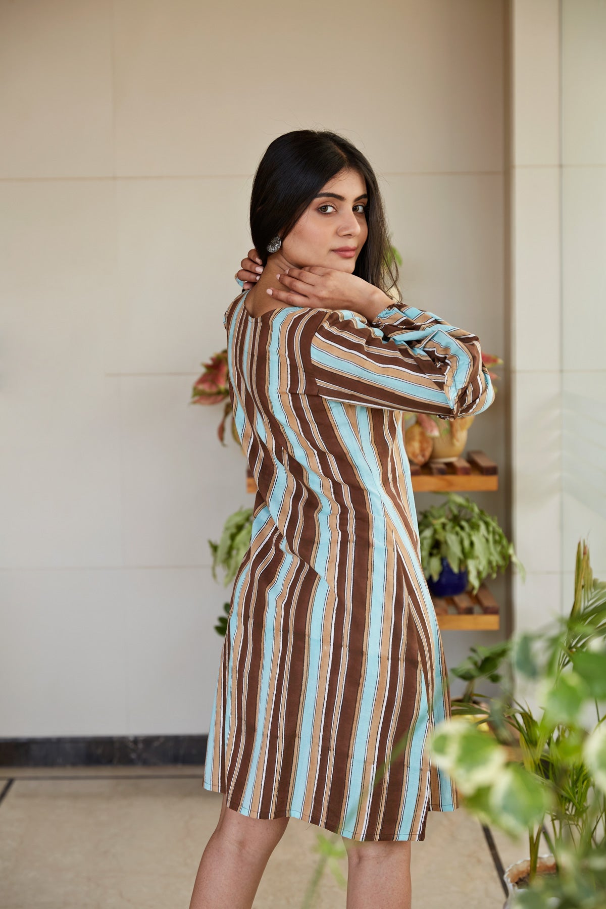 Striped Short Dress with Bishop Sleeves | NR