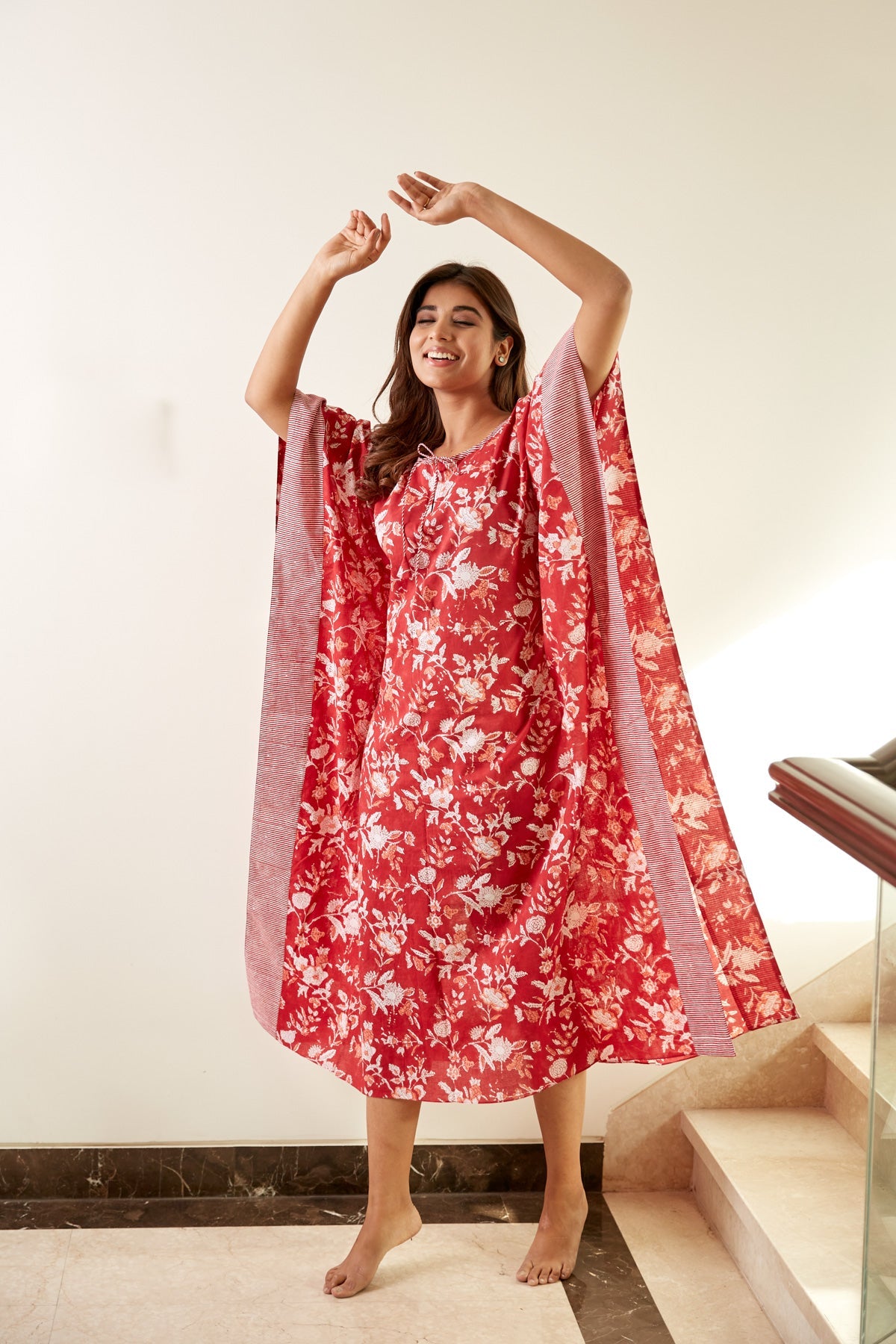 Red Floral Print Cotton Kaftan | NR