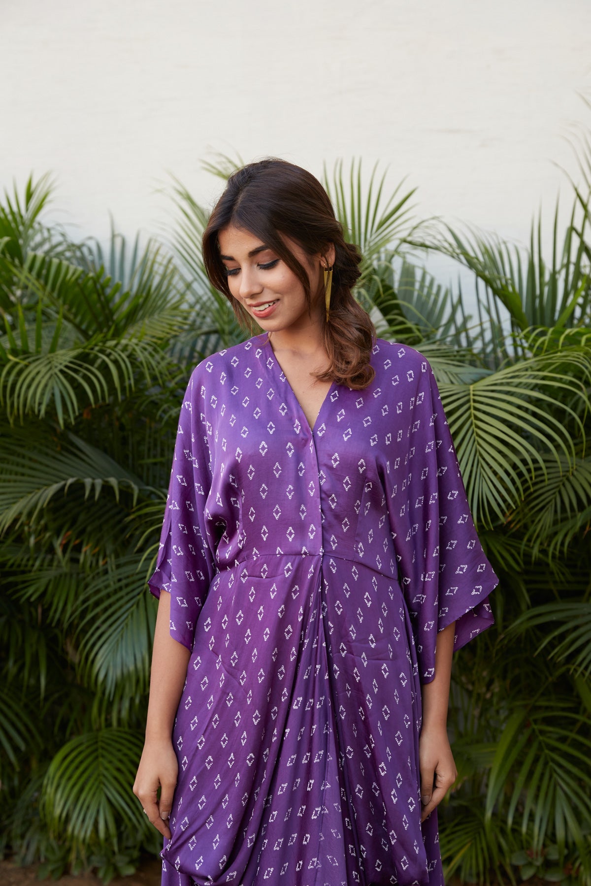 Violet Printed Cowl V-Neck Dress | NR