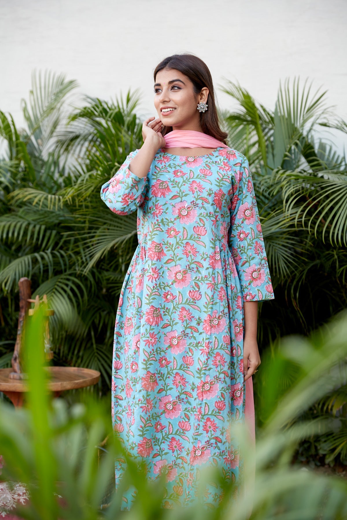 Cotton Blue Pink Floral Printed Kurta Set - (Set of 3)