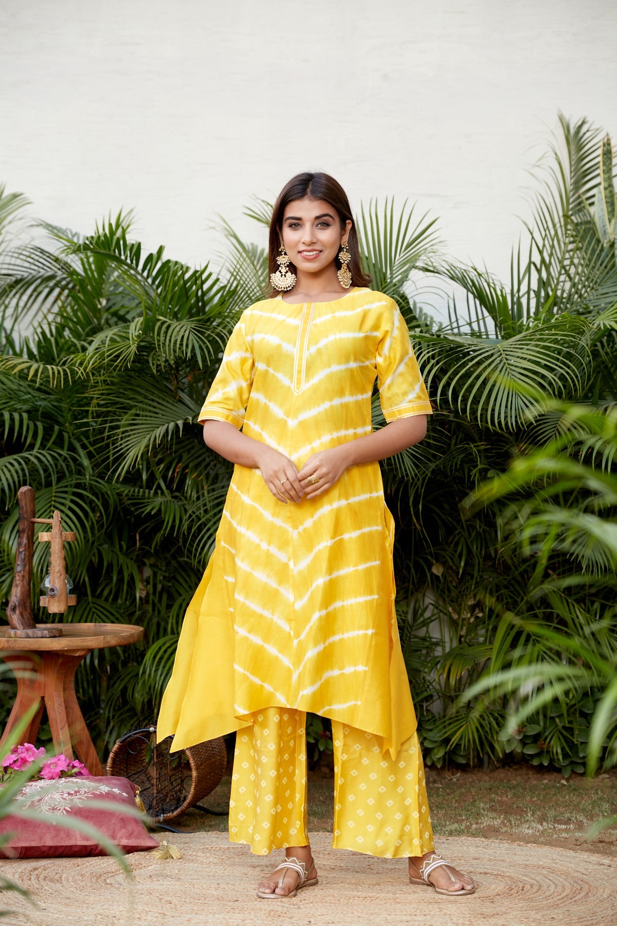Yellow Hand Dyed Leheriya Kurta Set | NR