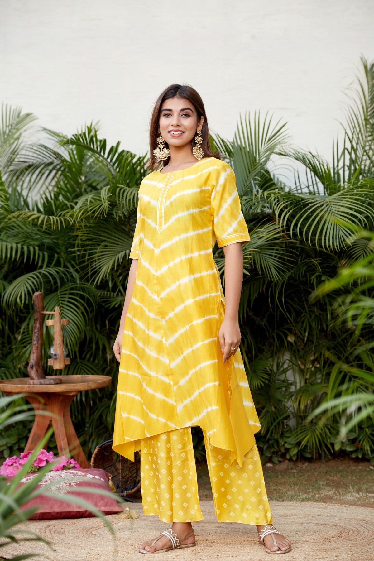 Yellow Printed Leheriya Kurta Set | NR