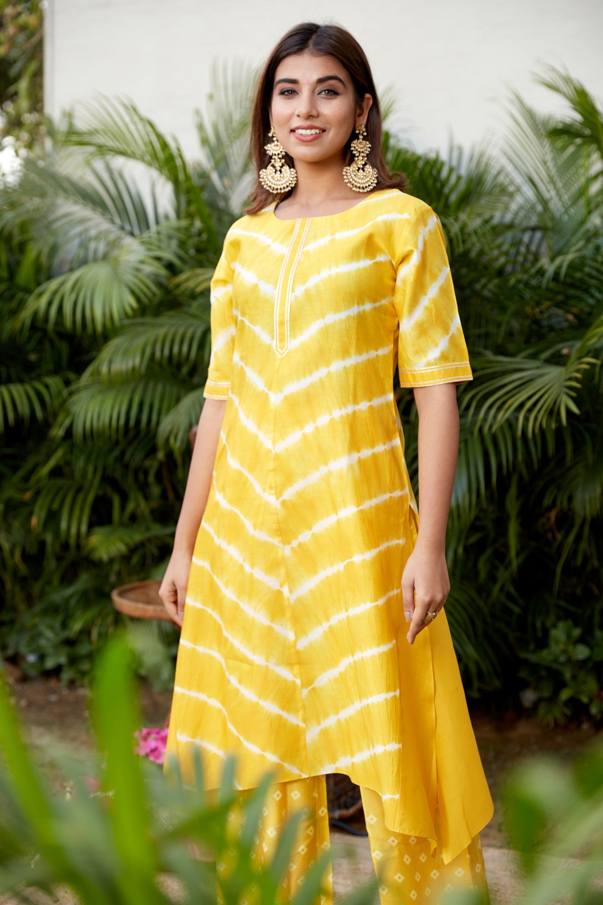 Yellow Mulmul & satin blend Leheriya Kurta Set | NR