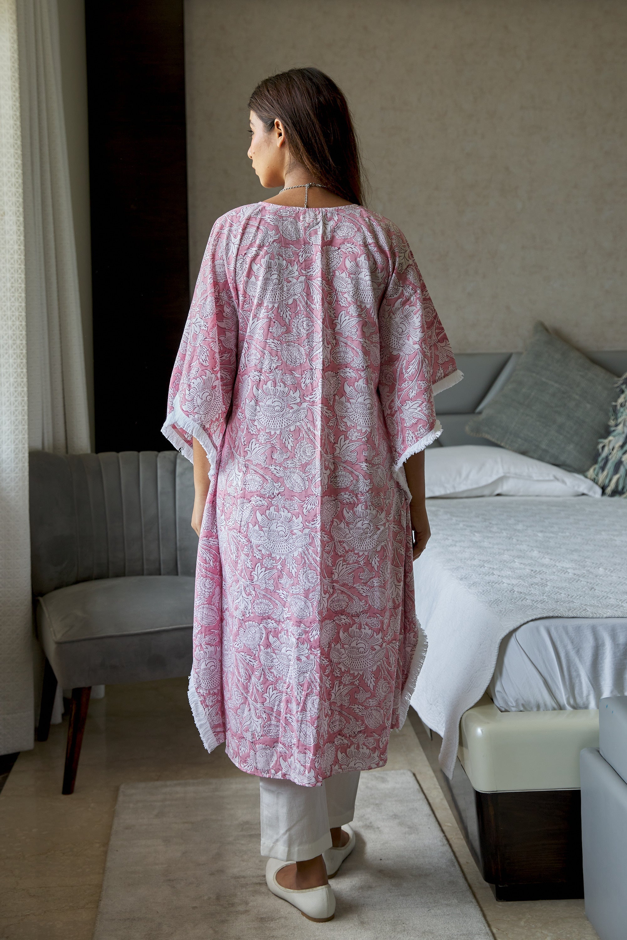 Pink Floral Kaftan Cotton V-Neck Co-Ord Set (Set of 2)