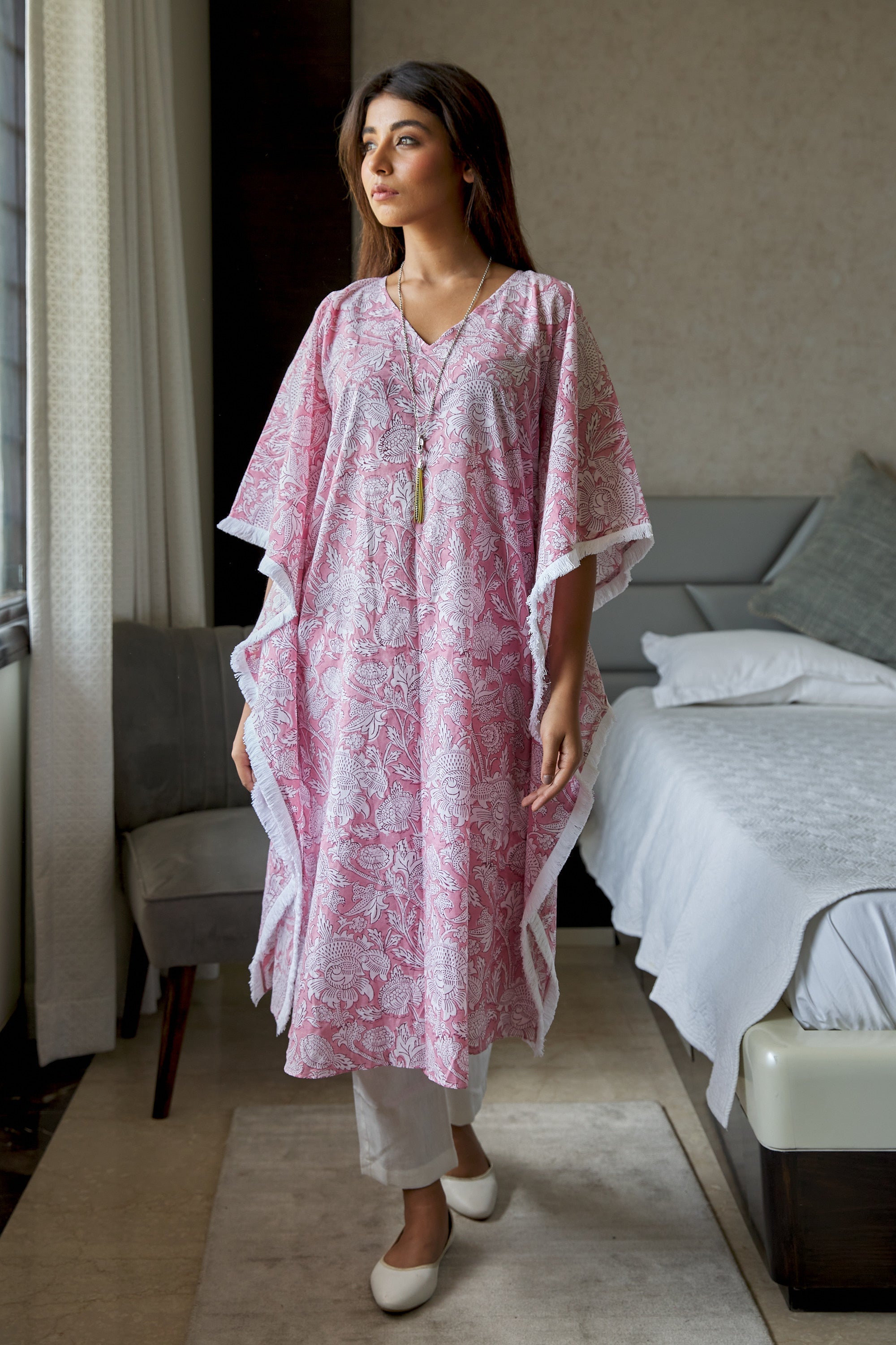 Pink Floral Kaftan Printed V-Neck Co-Ord Set - (Set of 2)