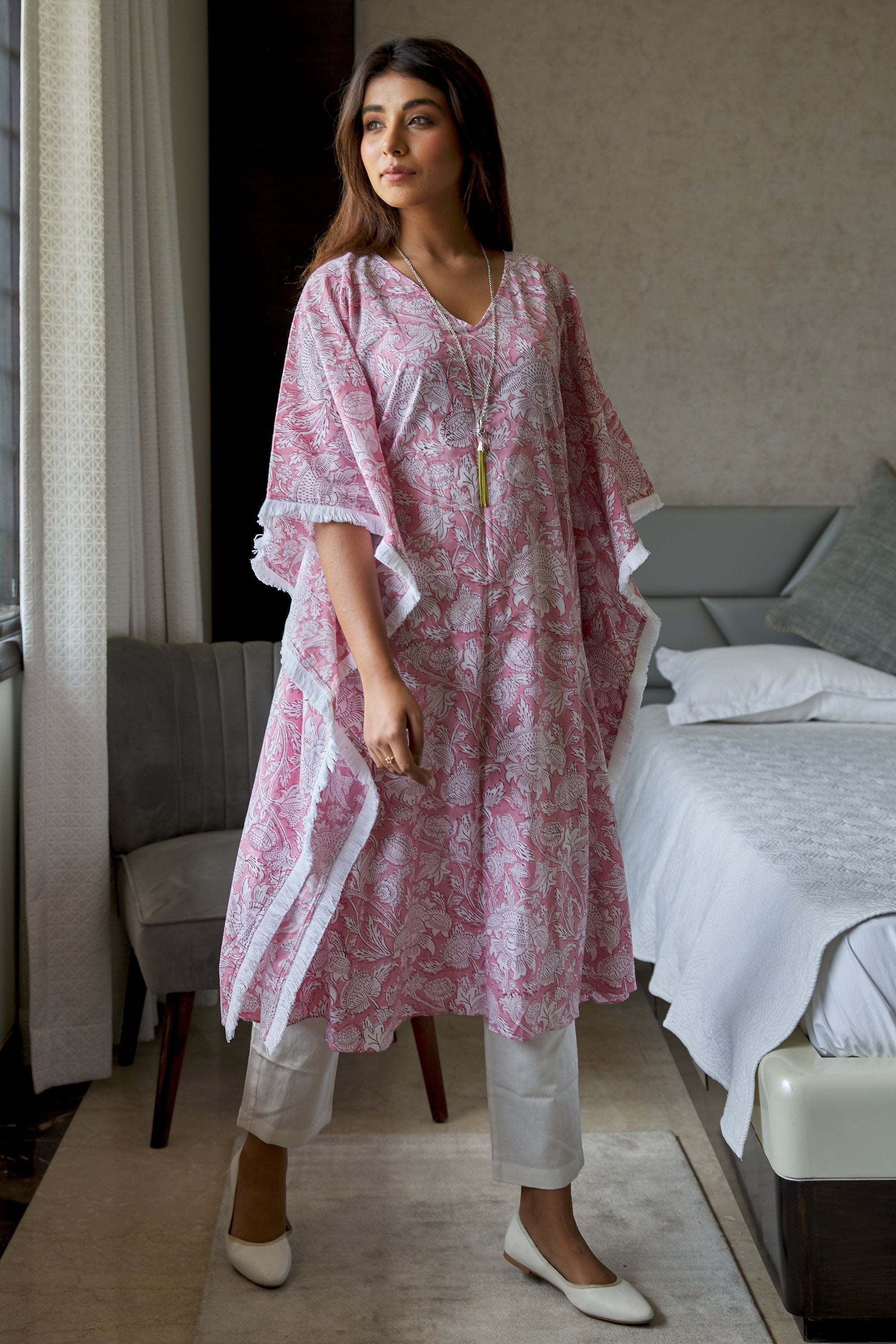 Pink Floral Kaftan Printed V-Neck Co-Ord Set - (Set of 2)