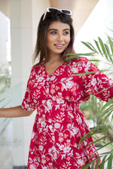 Red Floral Cotton Button-down Maxi - Regular Size