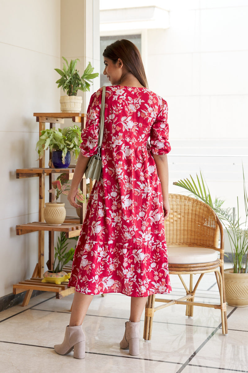 Red Floral Cotton Tiered Maxi - Regular Size
