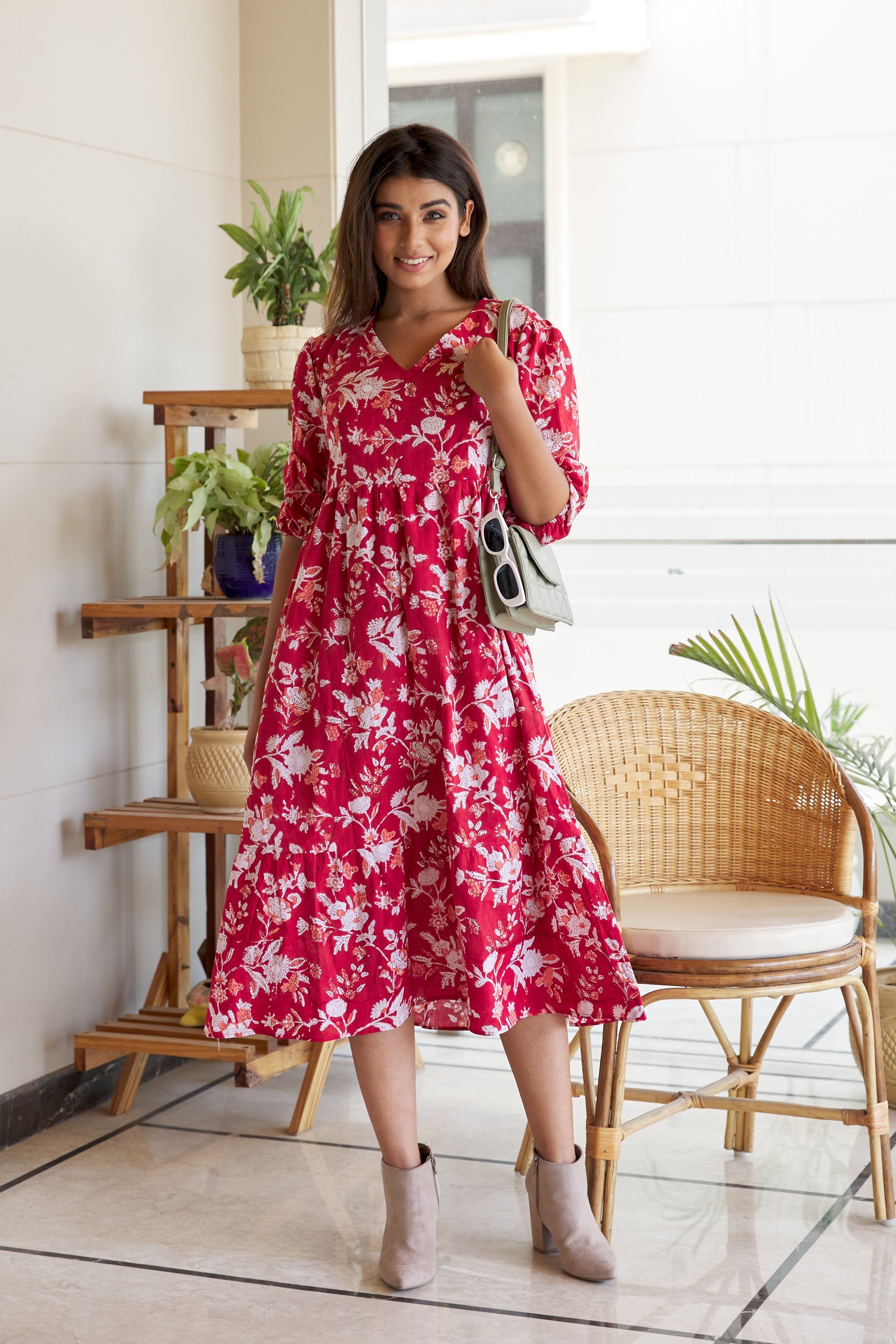 Red Floral Cotton Tiered Maxi