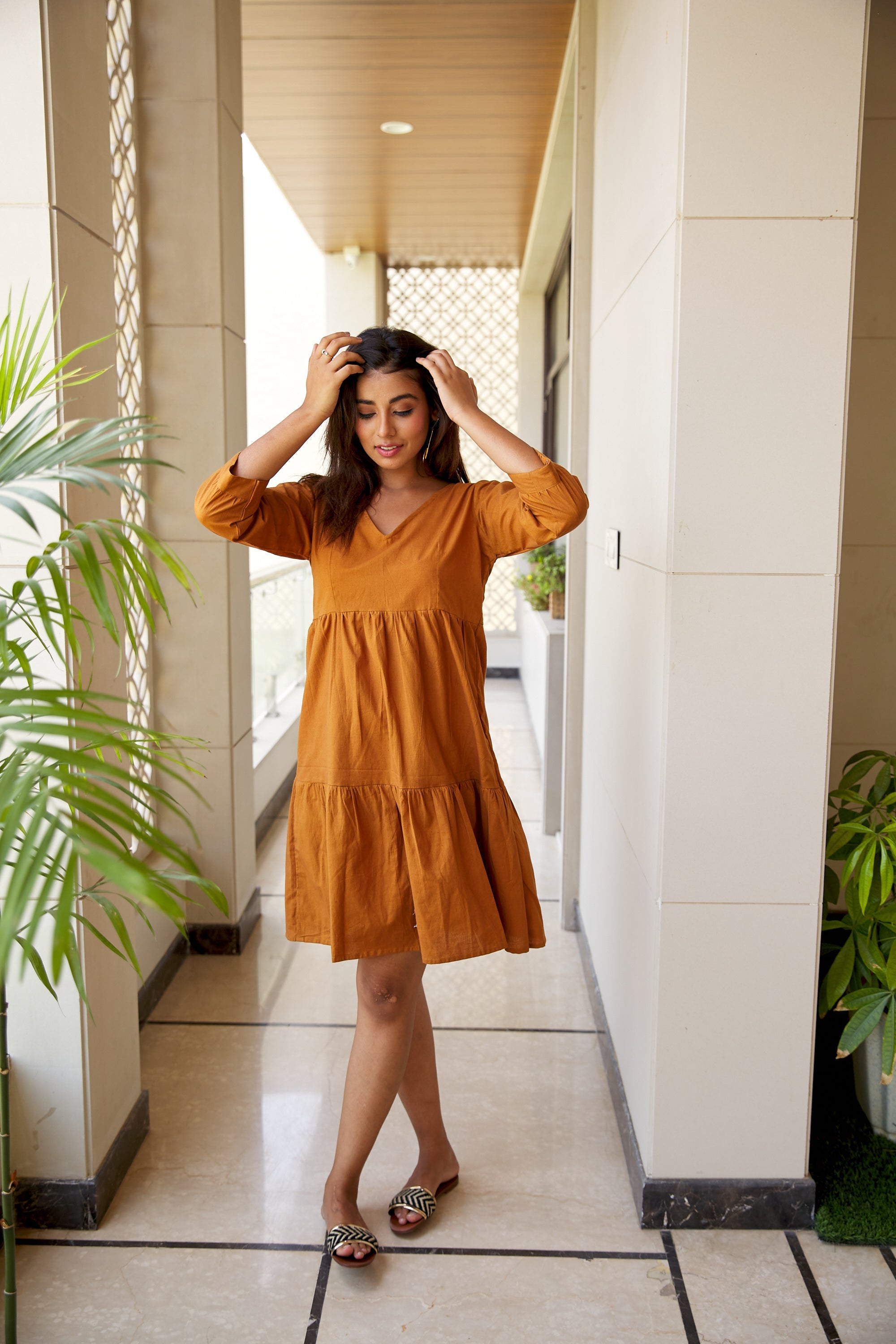 Tan Tiered Linen Midi Dress