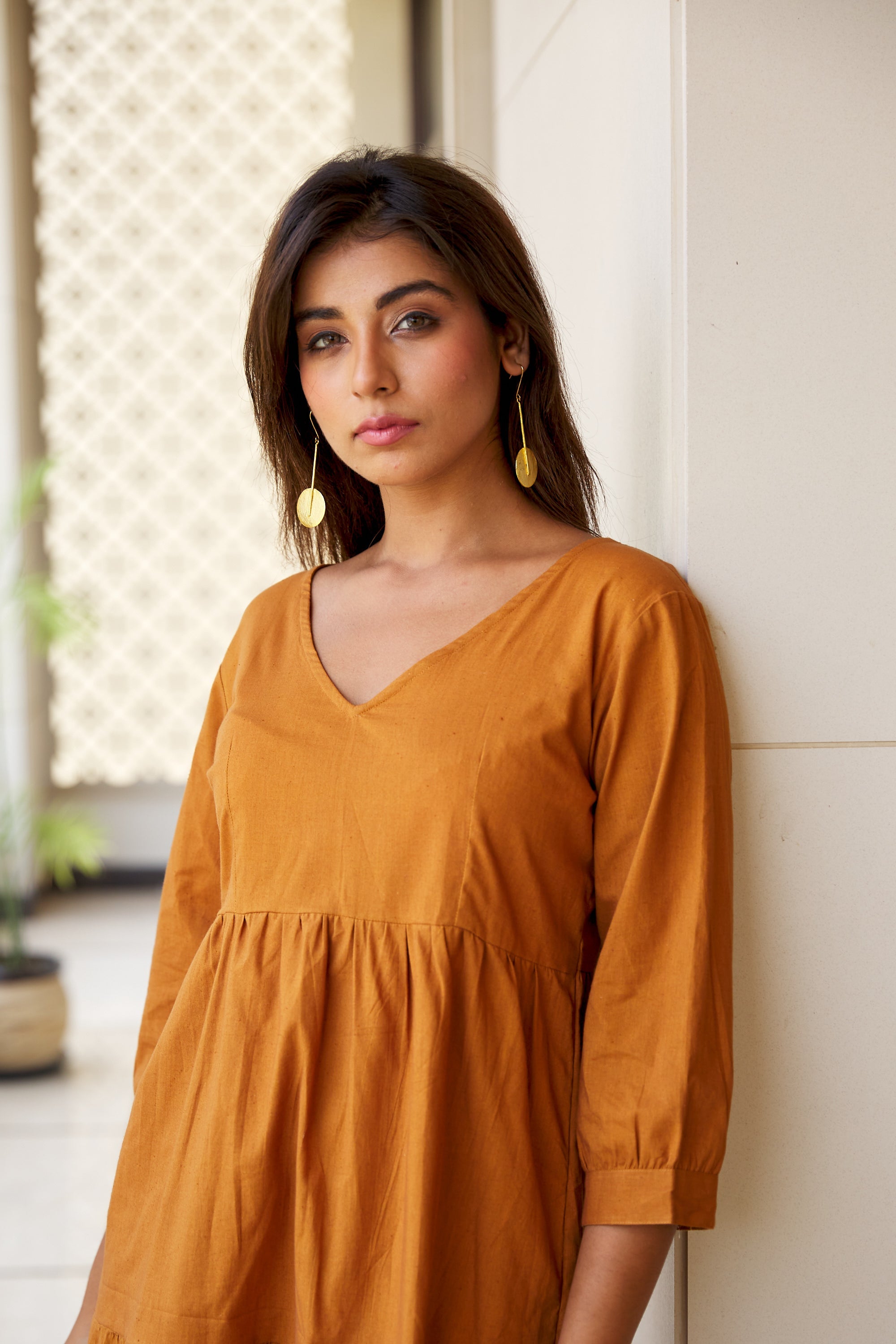 Tan Tiered Linen Midi Dress