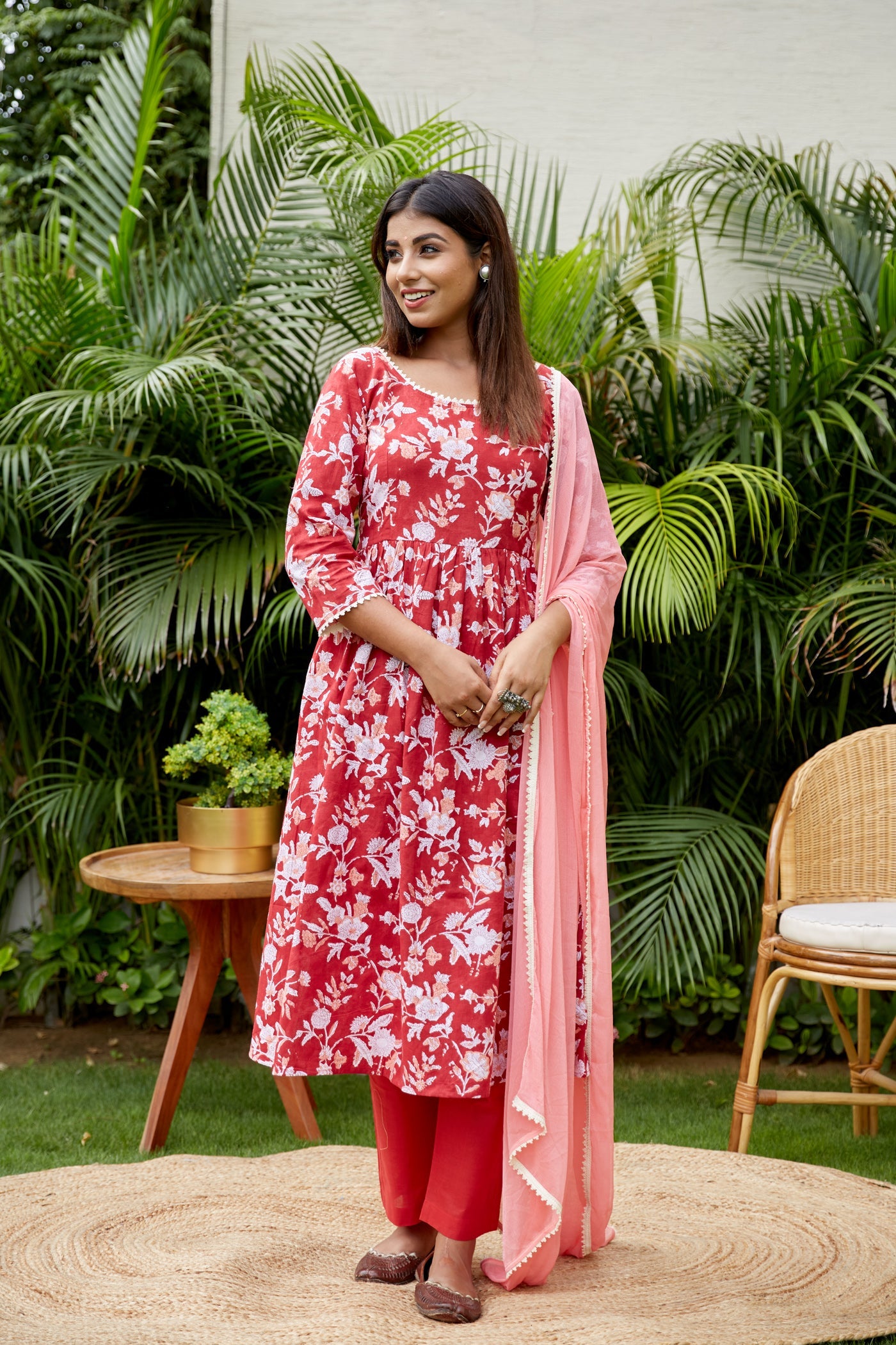 Red Floral Anarkali Suit Set - (Set of 3)