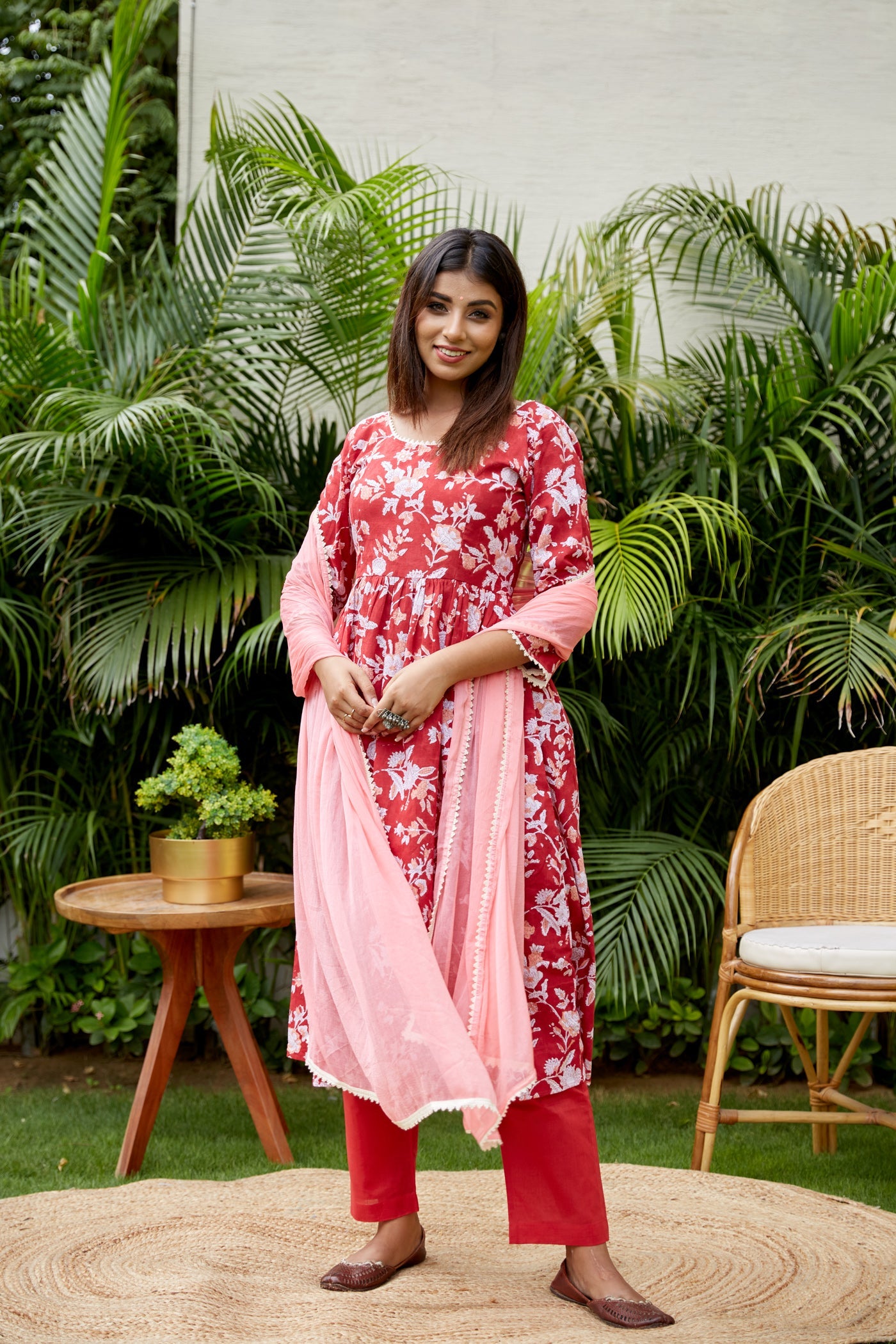 Red Floral Anarkali Suit Set - (Set of 3)