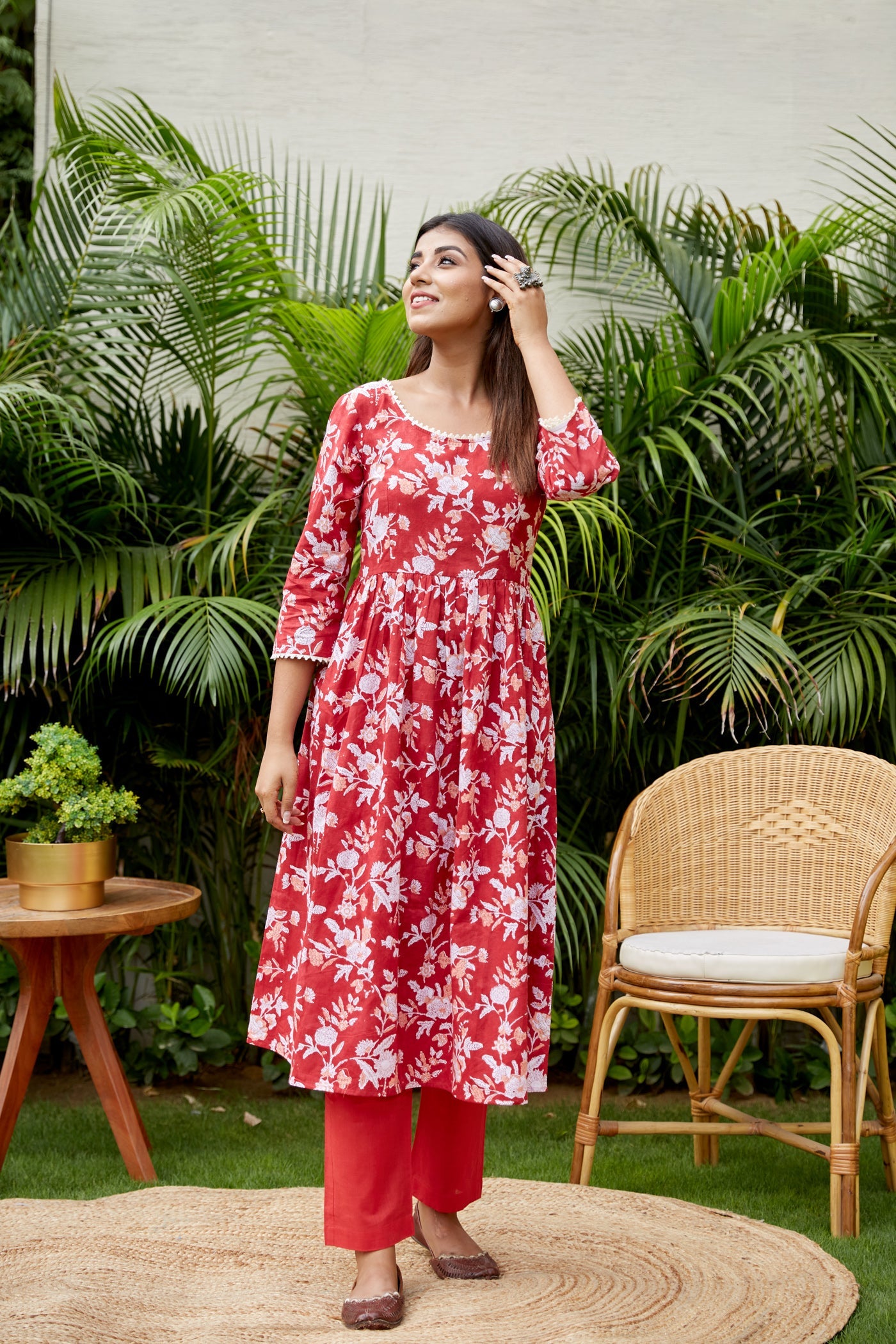 Red Floral Anarkali Suit Set - (Set of 3)