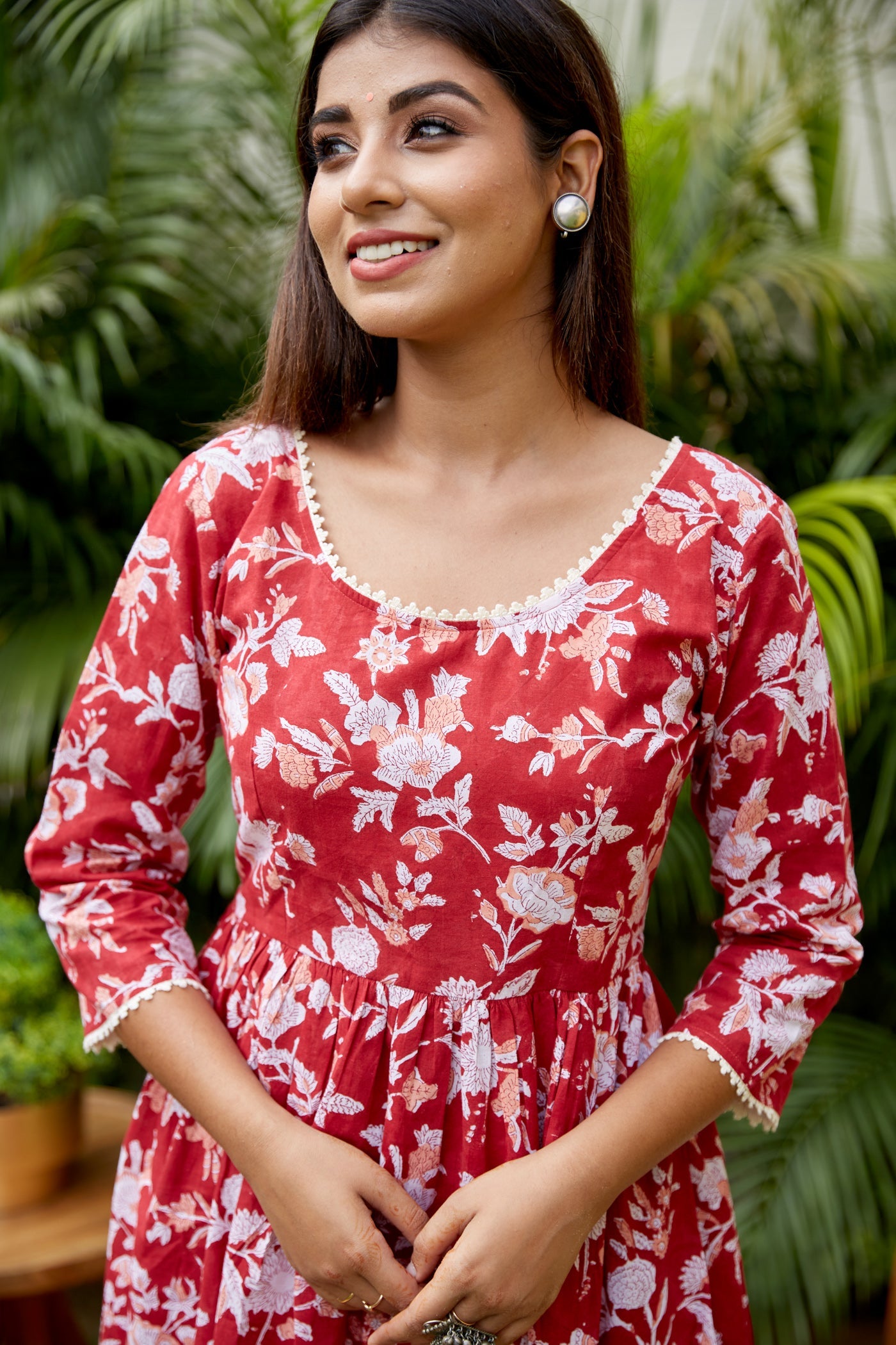 Red Floral Anarkali Suit Set - (Set of 3)