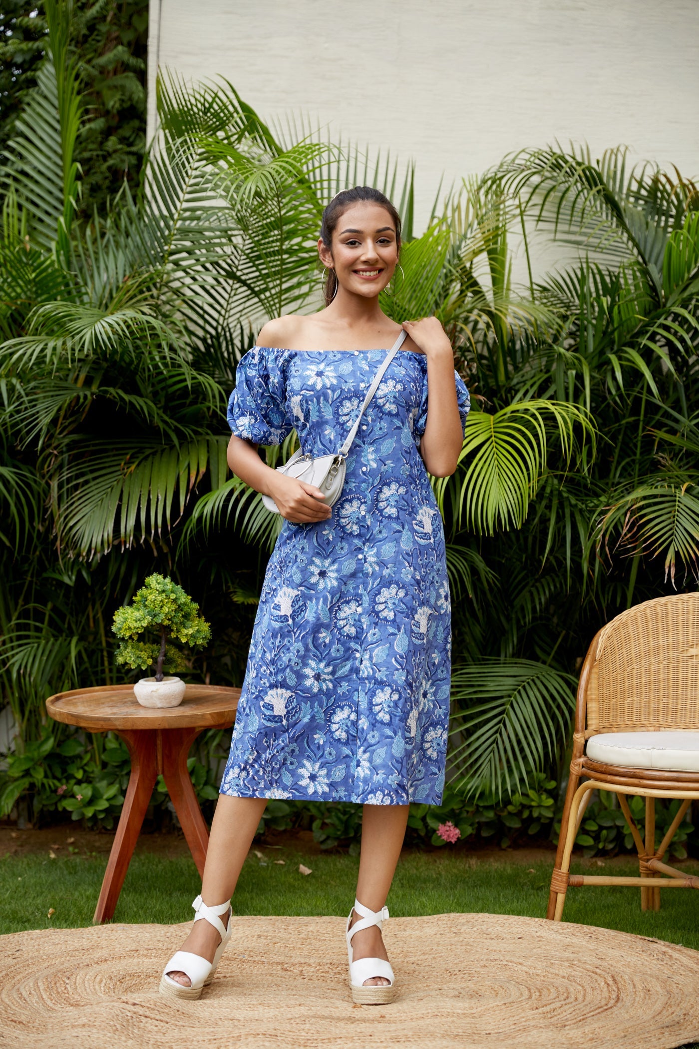 Blue Floral Cotton Gaga Dress