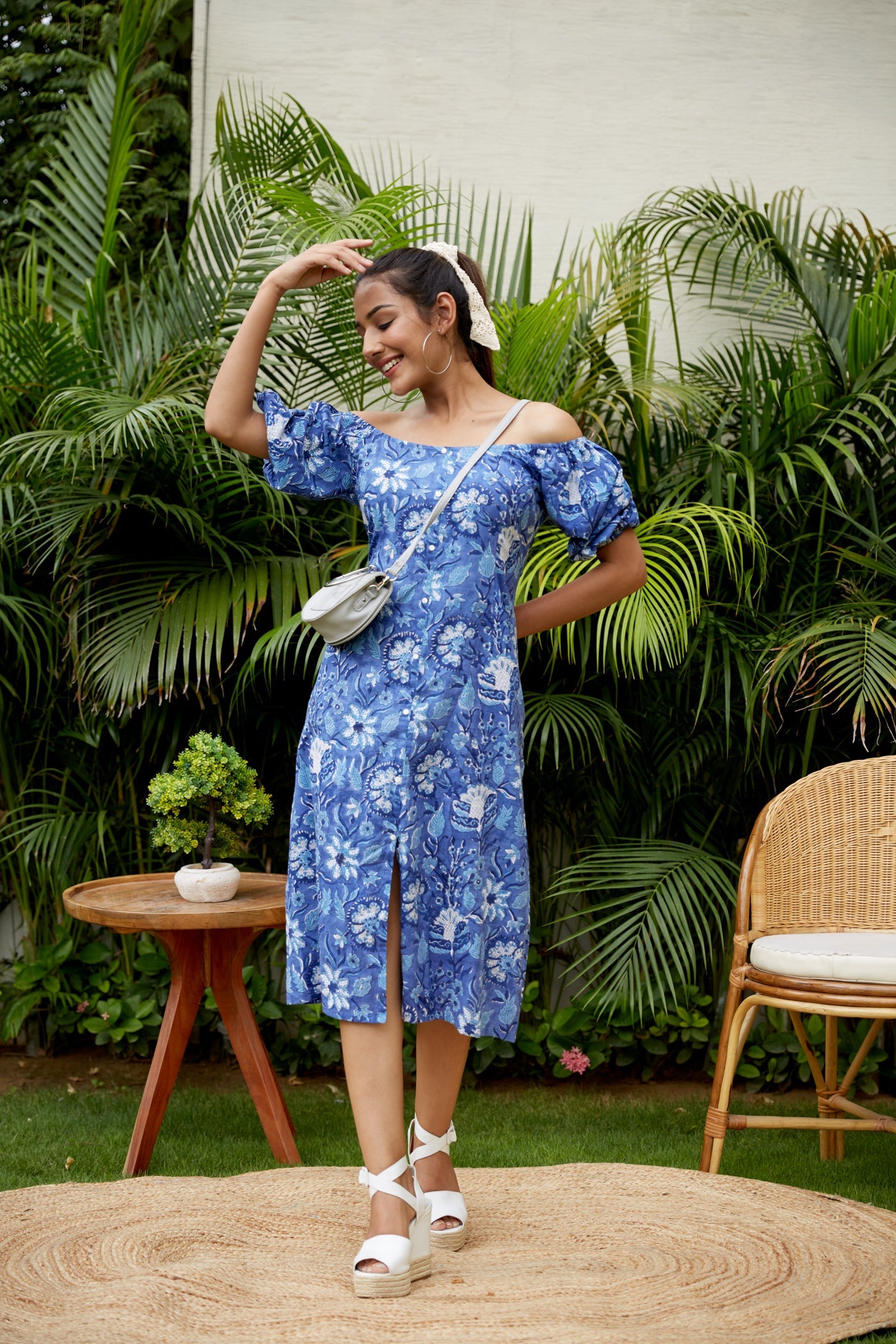 Blue Floral Cotton Gaga Dress